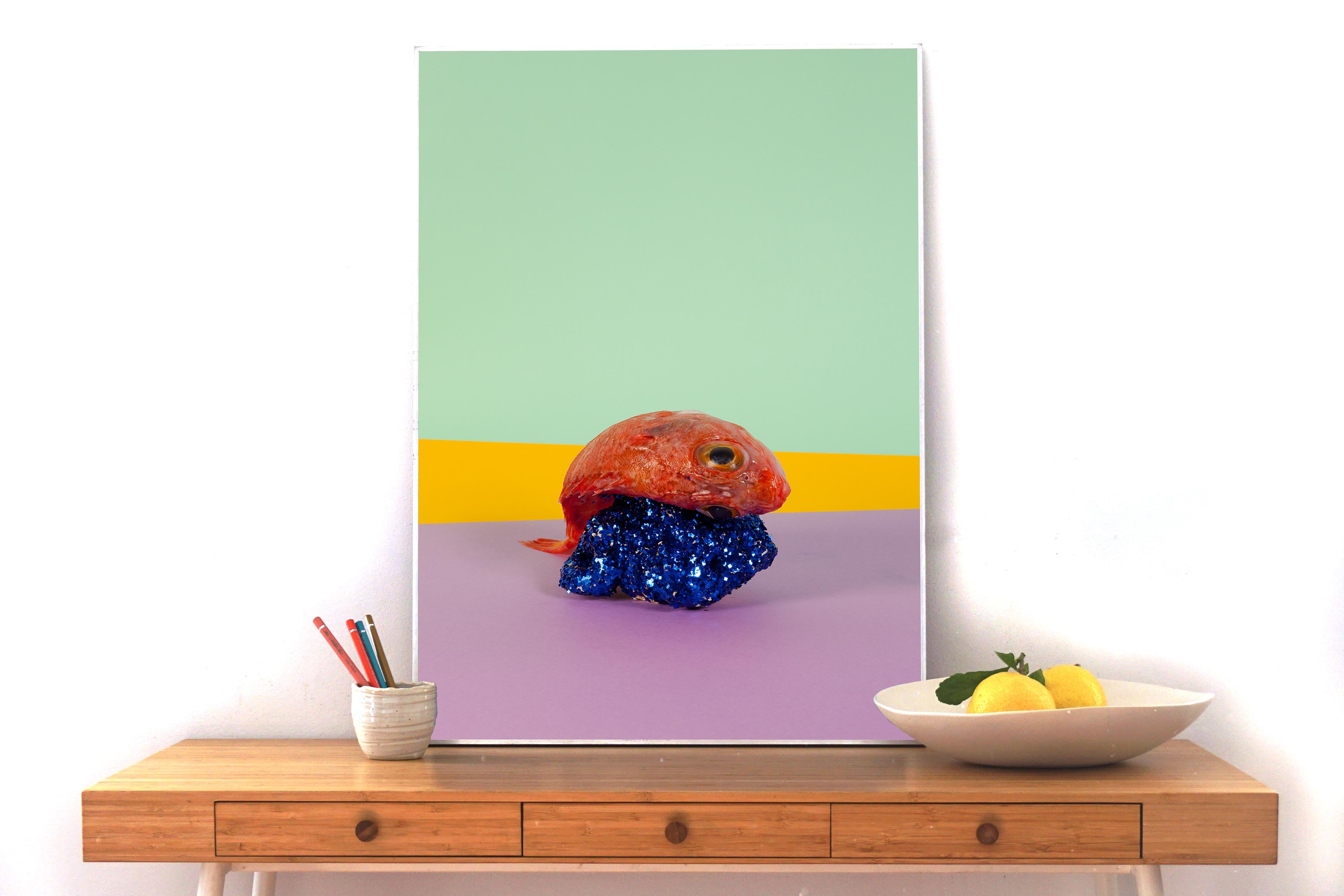 Red Fish on Blue Glitter, Contemporary Still Life, Green Color Field Background  - Print by Ryan Rivadeneyra