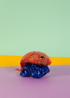 Red Fish on Blue Glitter, Contemporary Still Life, Green Color Field Background 