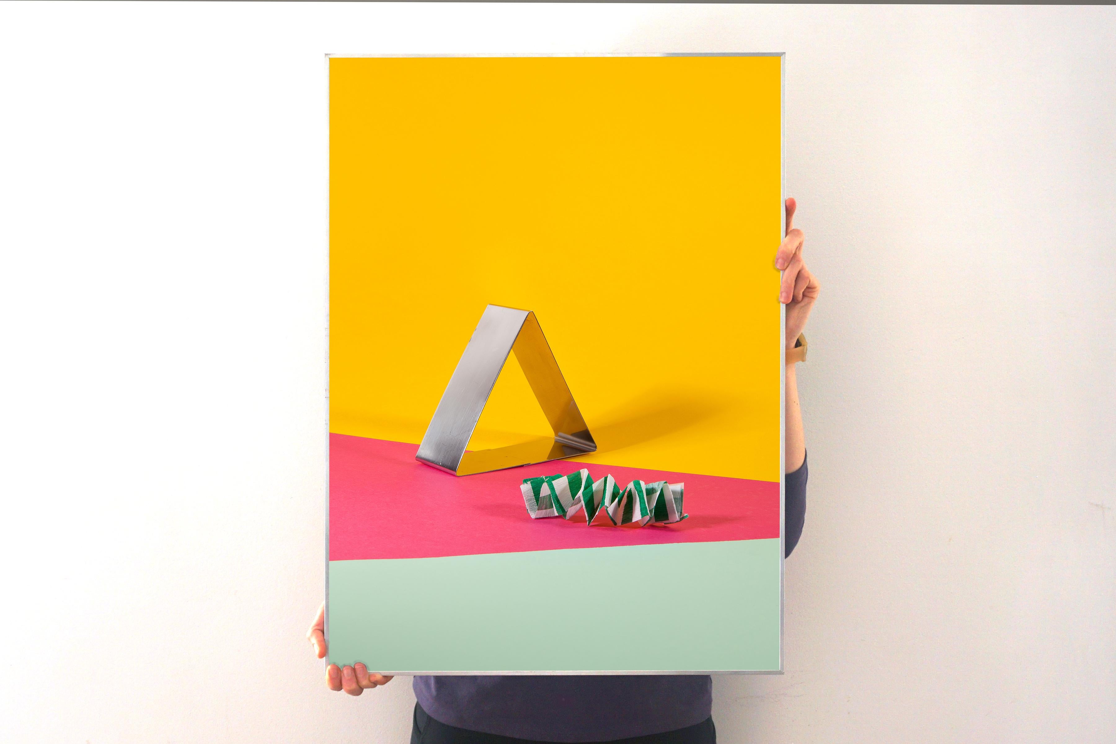Triangle Architecture Still Life, Yellow, Pink, Green Vivid Tones, Architecture - Modern Print by Ryan Rivadeneyra