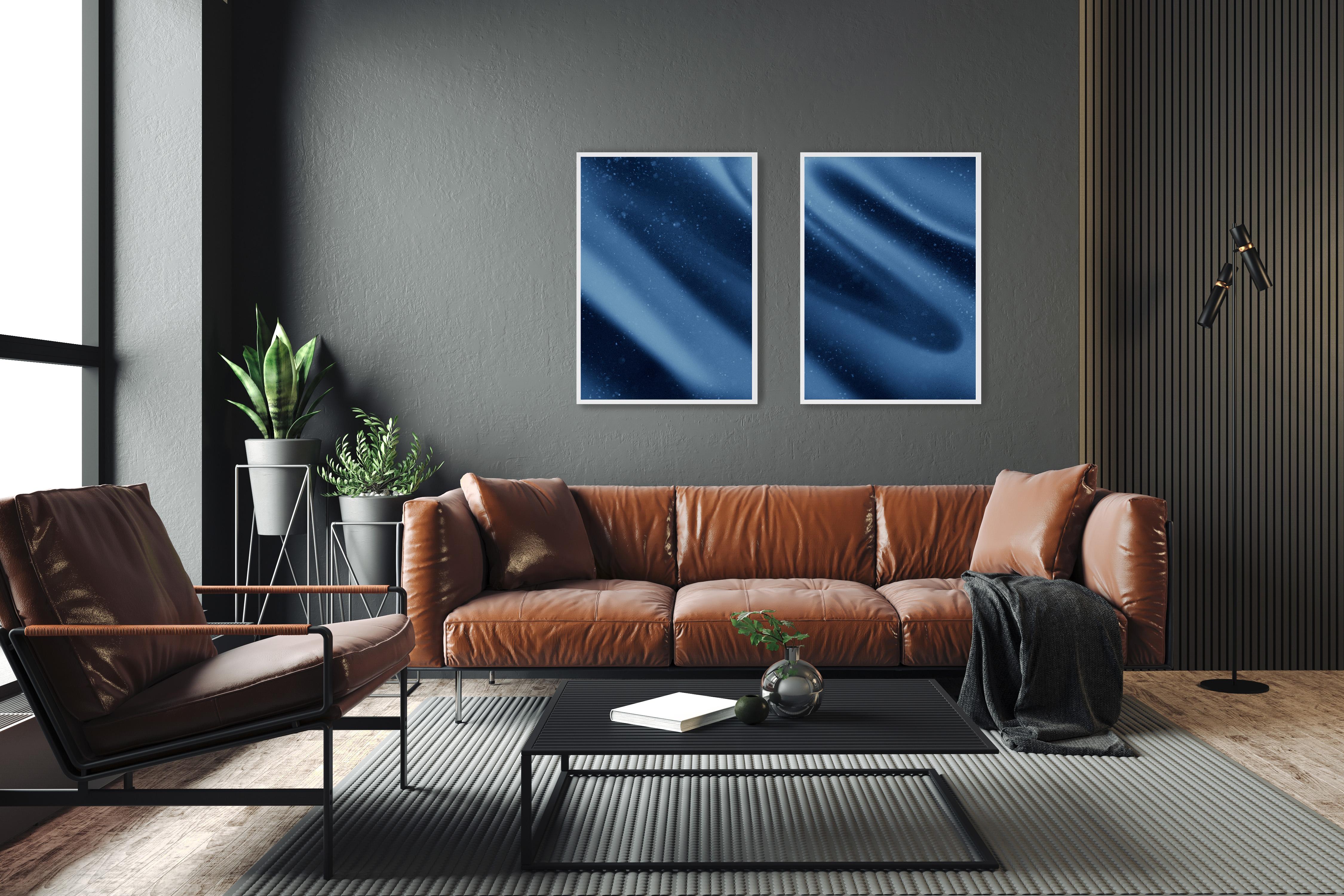 Space is The Place, Depp Blue Tones Diptych, Abstract Silk Shapes Limited Giclee - Contemporary Photograph by Ryan Rivadeneyra