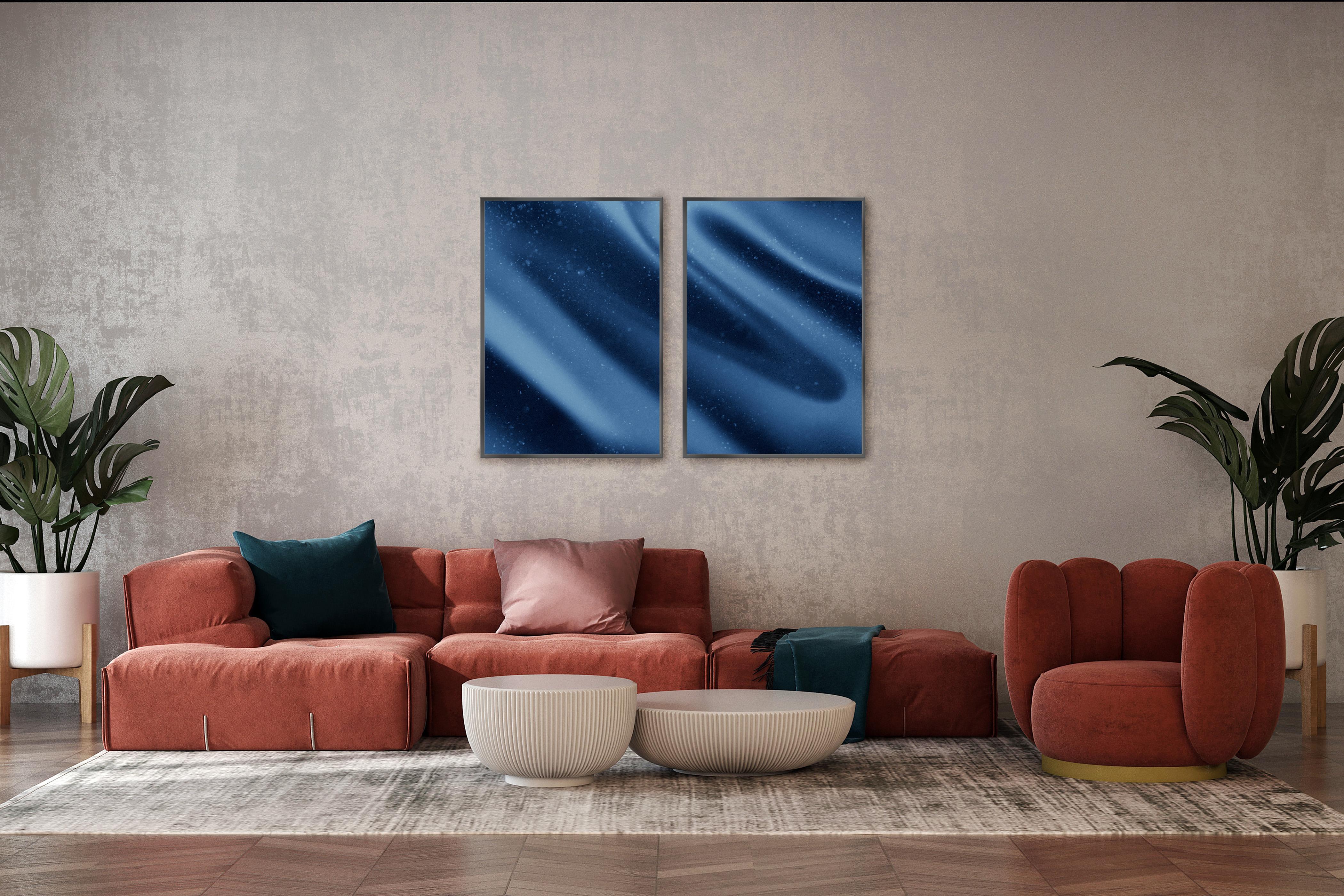 Space is The Place, Depp Blue Tones Diptych, Abstract Silk Shapes Limited Giclee For Sale 1