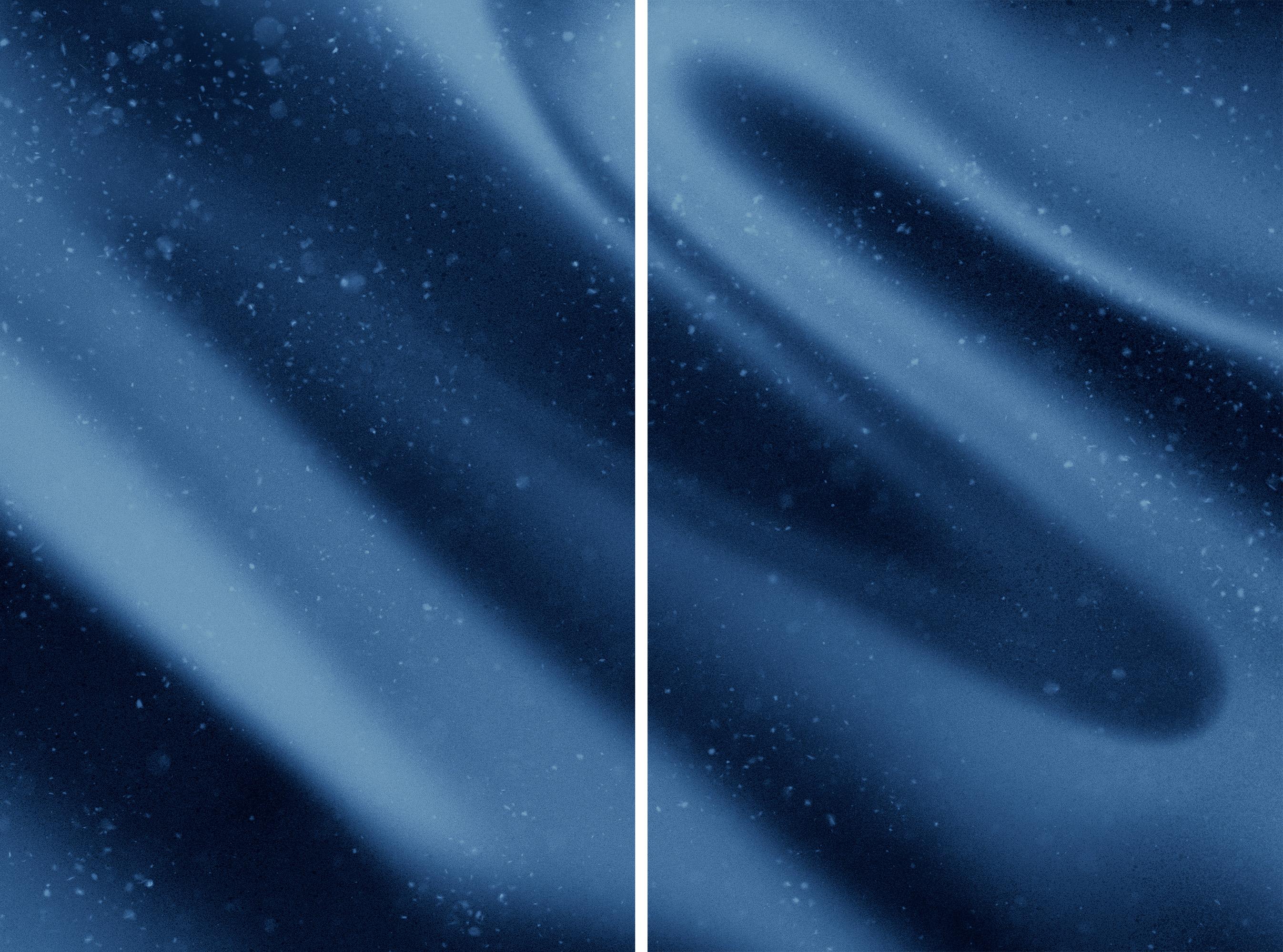 Ryan Rivadeneyra Landscape Photograph - Space is The Place, Depp Blue Tones Diptych, Abstract Silk Shapes Limited Giclee