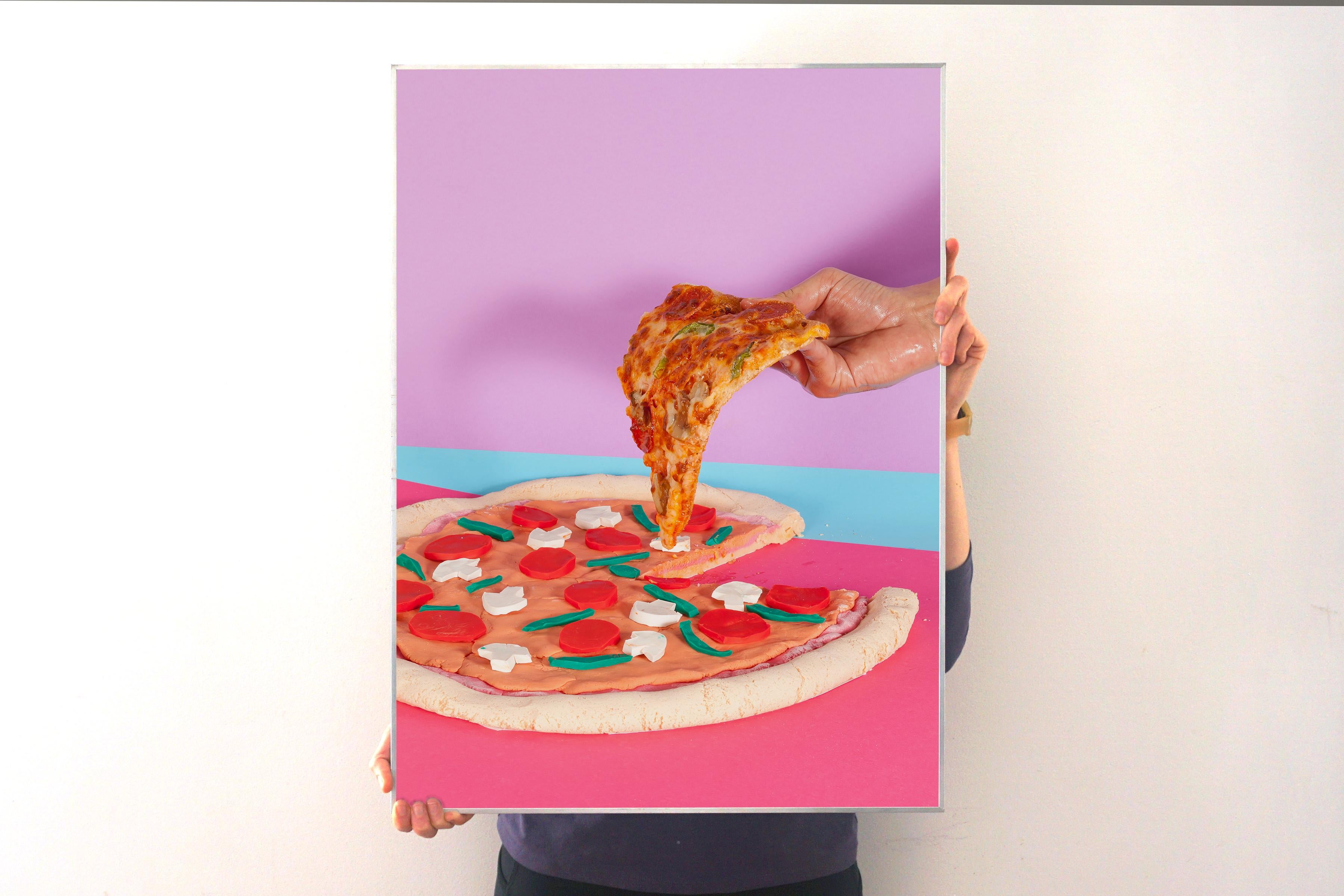Still Life Pizza, Lively Foodie Scene, Contemporary Photography, Flashy Colors - Print by Ryan Rivadeneyra