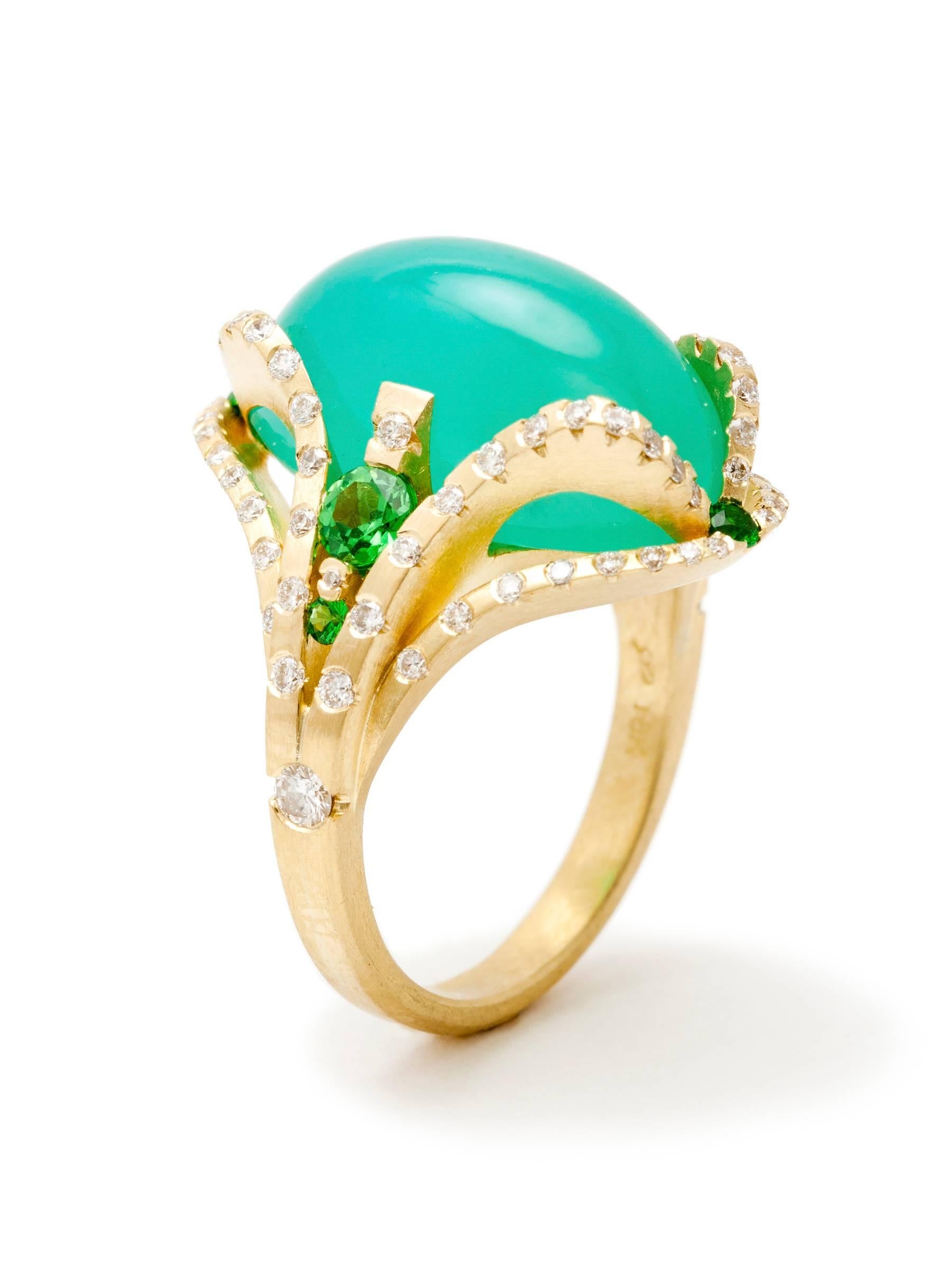 Ryan Roberts 18K Gold Ring featuring an 11.25ct Gem Silica, Tsavorite garnets (.56ctw), & VS1 Diamonds (.62ctw), Winner 2015 AGTA Spectrum Awards