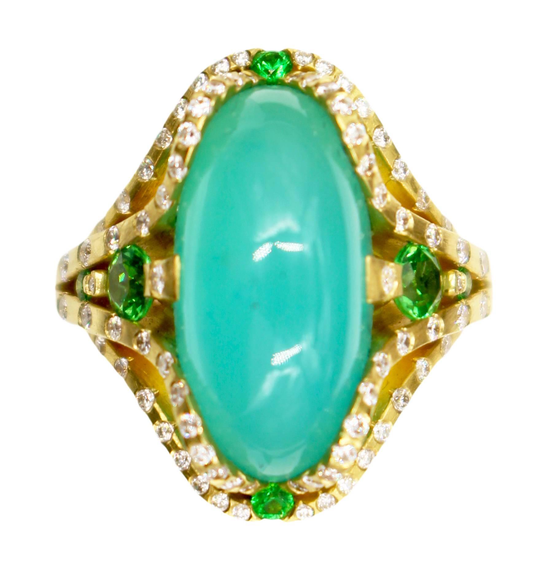 Contemporary Ryan Roberts, Chrysocolla Gem Silica Ring, 18 Karat Gold, Gem Silica, Tsavorite For Sale