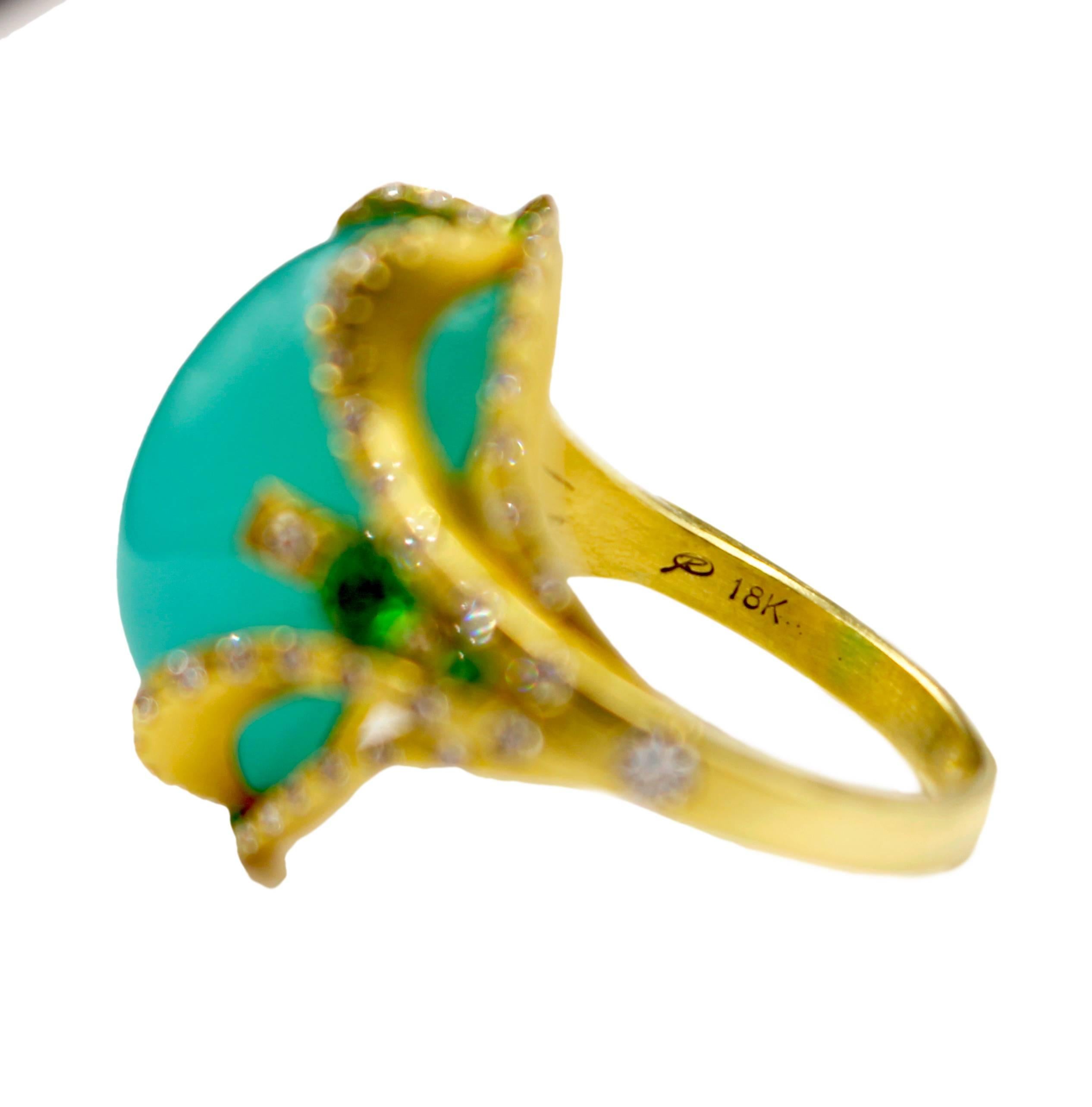 Women's Ryan Roberts, Chrysocolla Gem Silica Ring, 18 Karat Gold, Gem Silica, Tsavorite For Sale