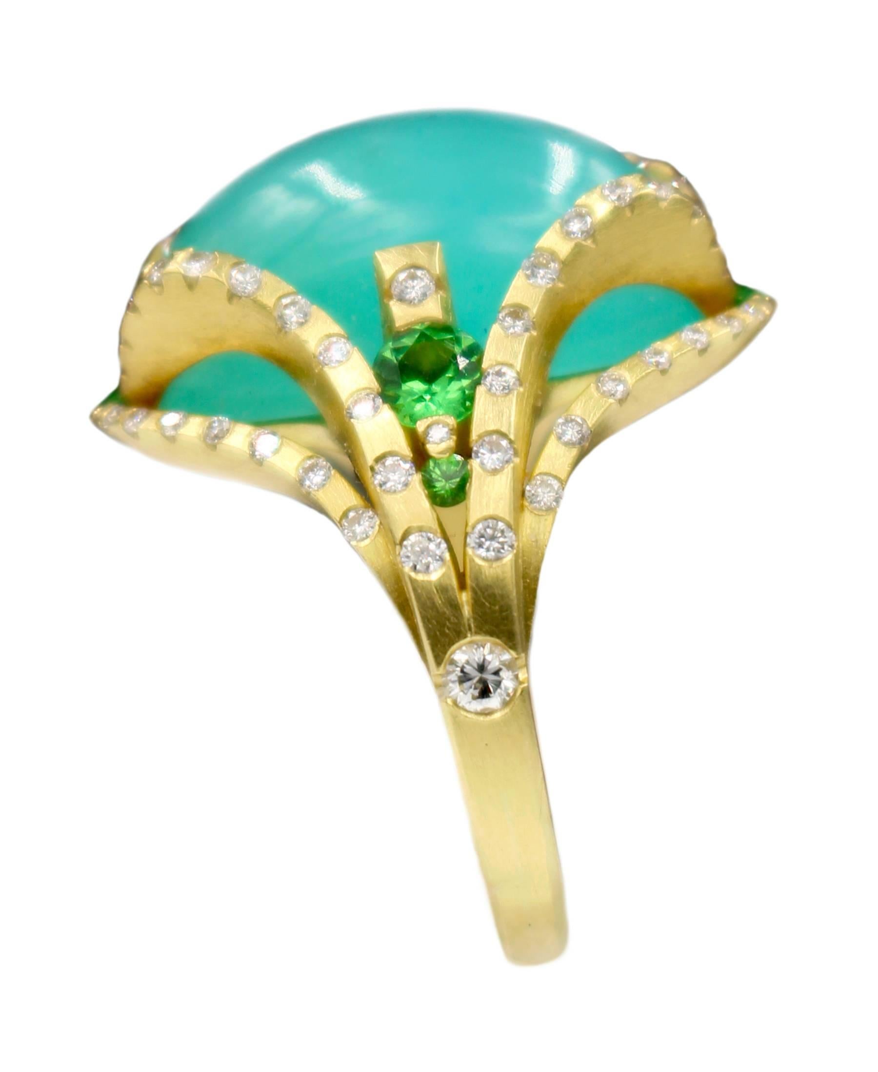 Ryan Roberts, Chrysocolla Gem Silica Ring, 18 Karat Gold, Gem Silica, Tsavorite For Sale 1