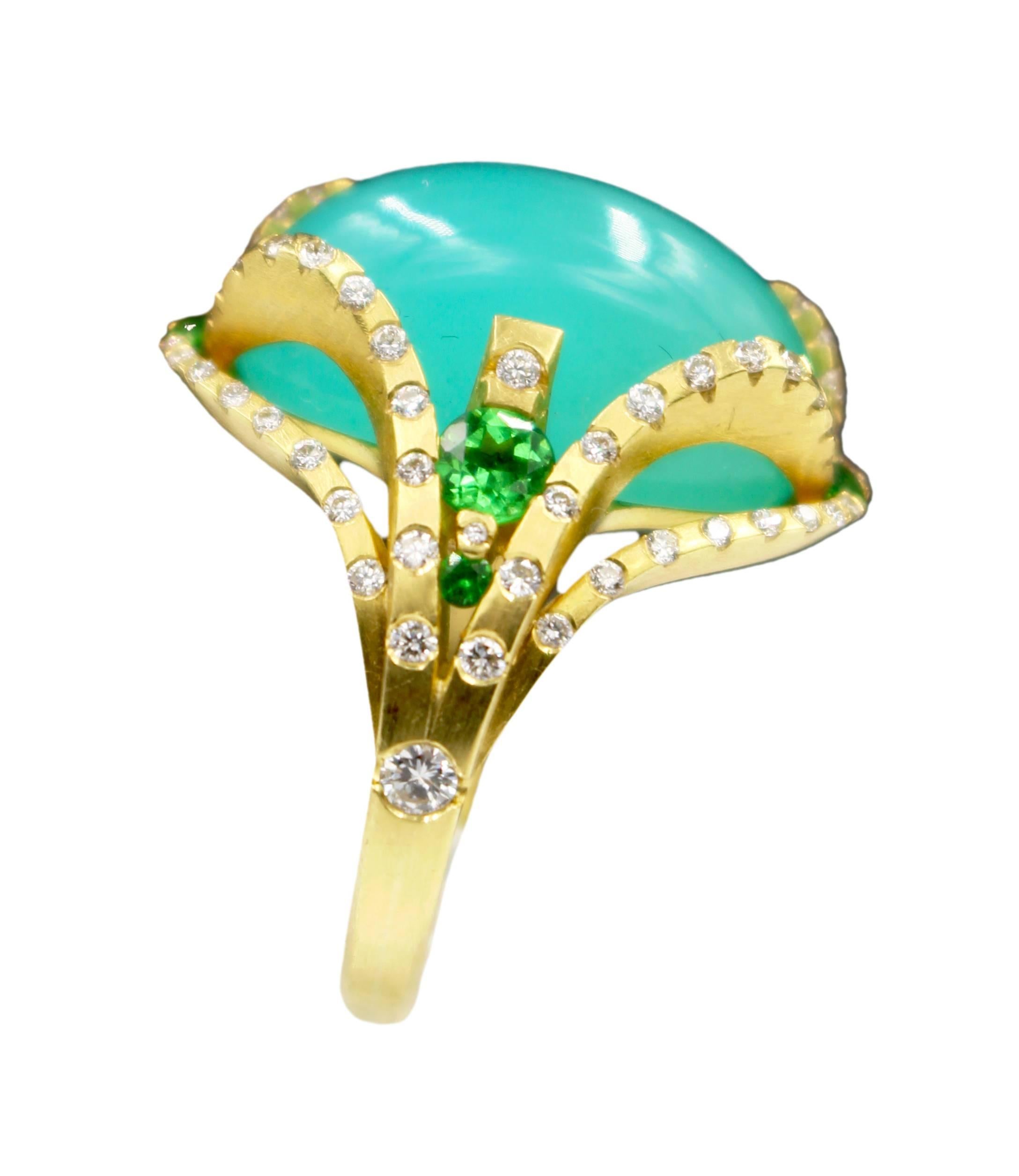 Ryan Roberts, Chrysocolla Gem Silica Ring, 18 Karat Gold, Gem Silica, Tsavorite For Sale 4