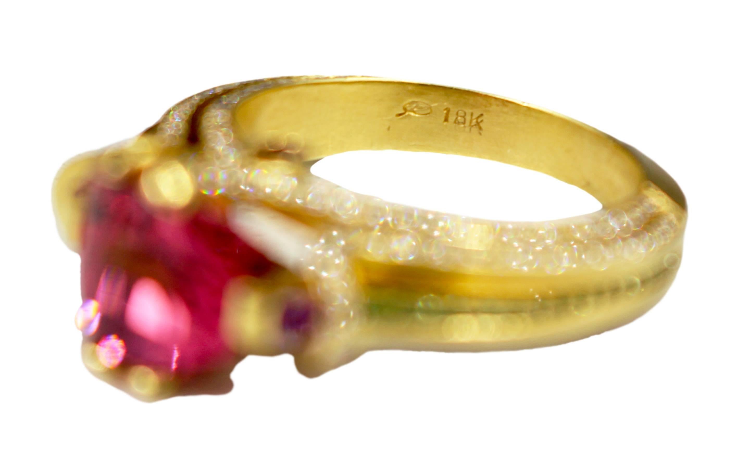 Ryan Roberts, Rubellite Tourmaline Ring, 18 Karat Gold, Diamond For Sale 1