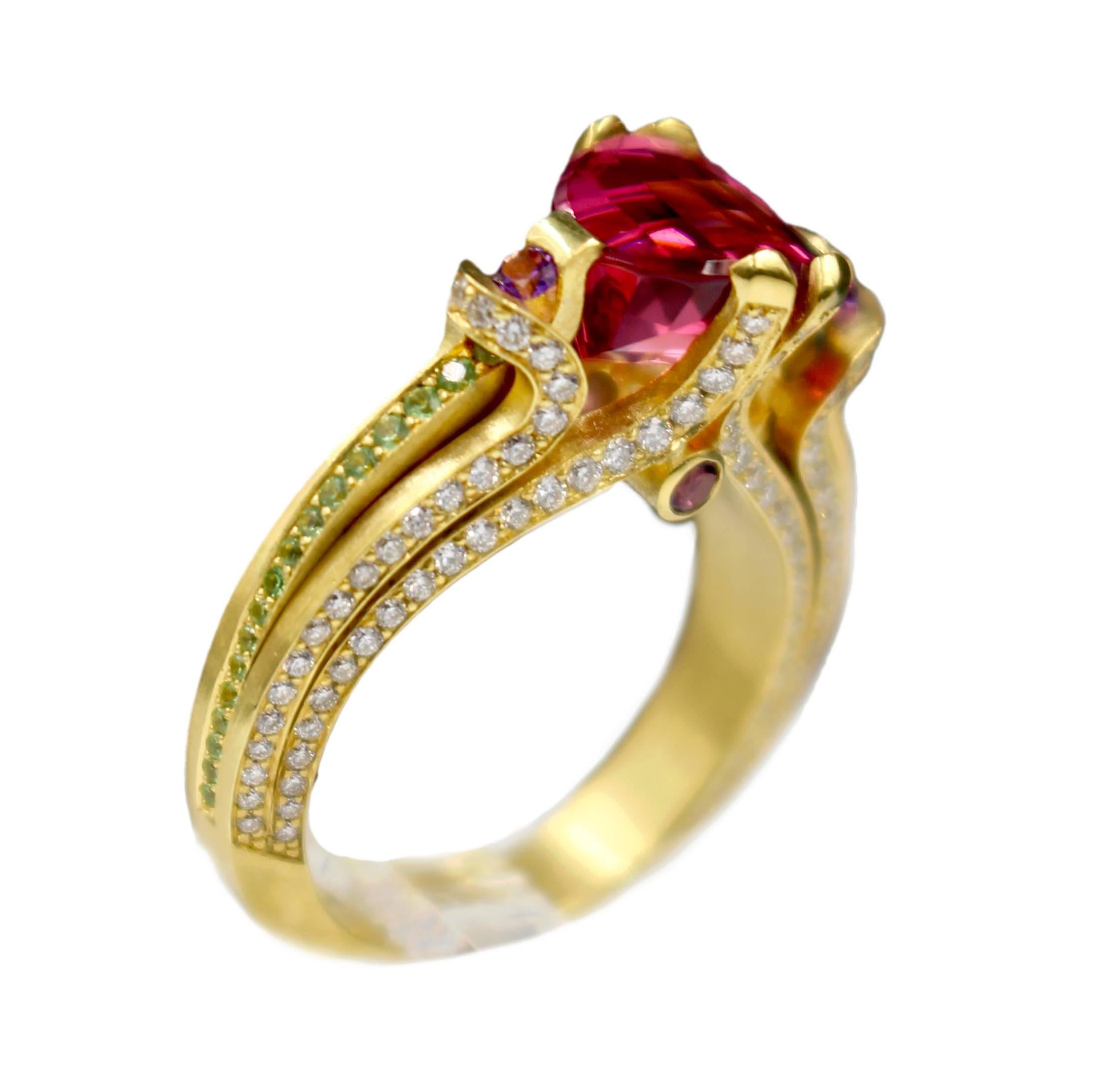Ryan Roberts, Rubellite Tourmaline Ring, 18 Karat Gold, Diamond For Sale 2