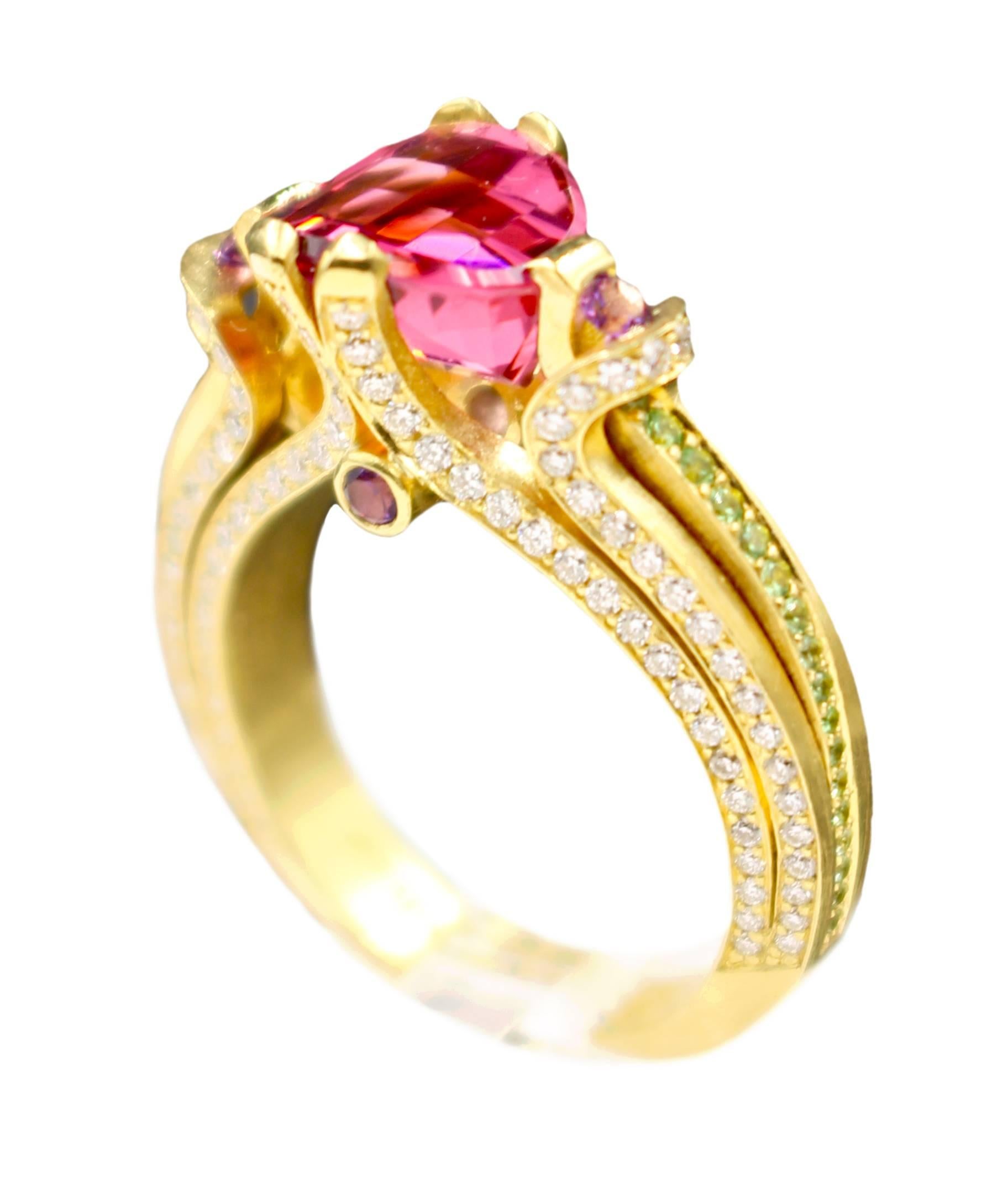 Ryan Roberts, Rubellite Tourmaline Ring, 18 Karat Gold, Diamond For Sale 4