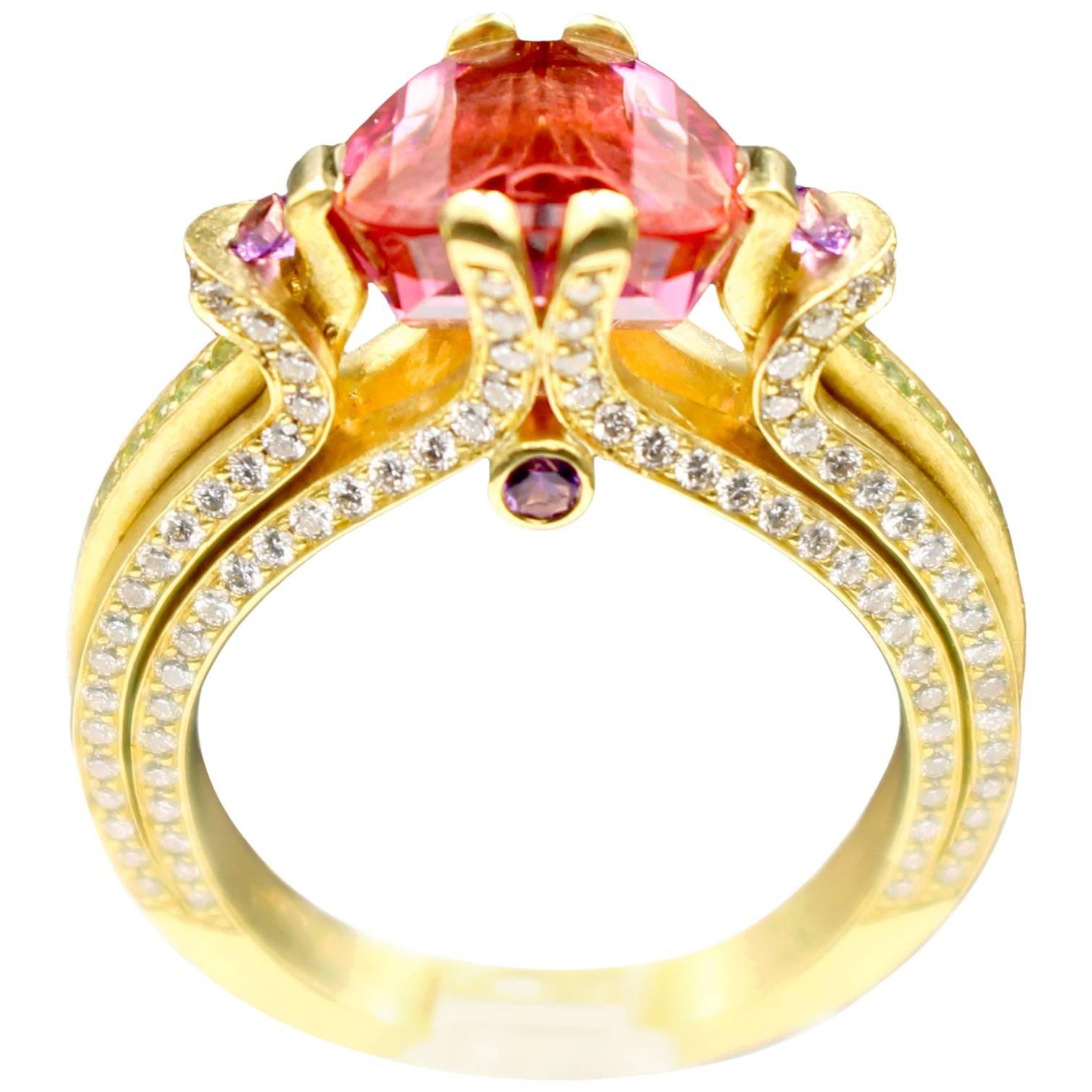 Ryan Roberts, Rubellite Tourmaline Ring, 18 Karat Gold, Diamond For Sale
