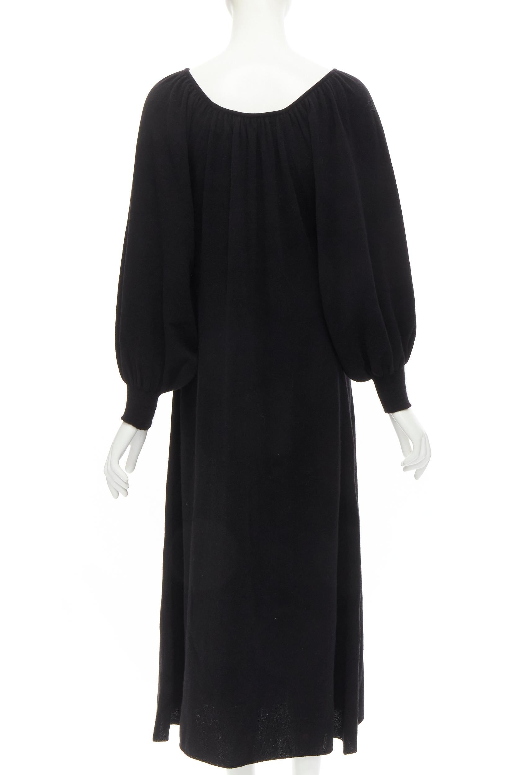 RYAN ROCHE 100% cashmere black pleated collar bubble sleeve midi dress S In Excellent Condition For Sale In Hong Kong, NT