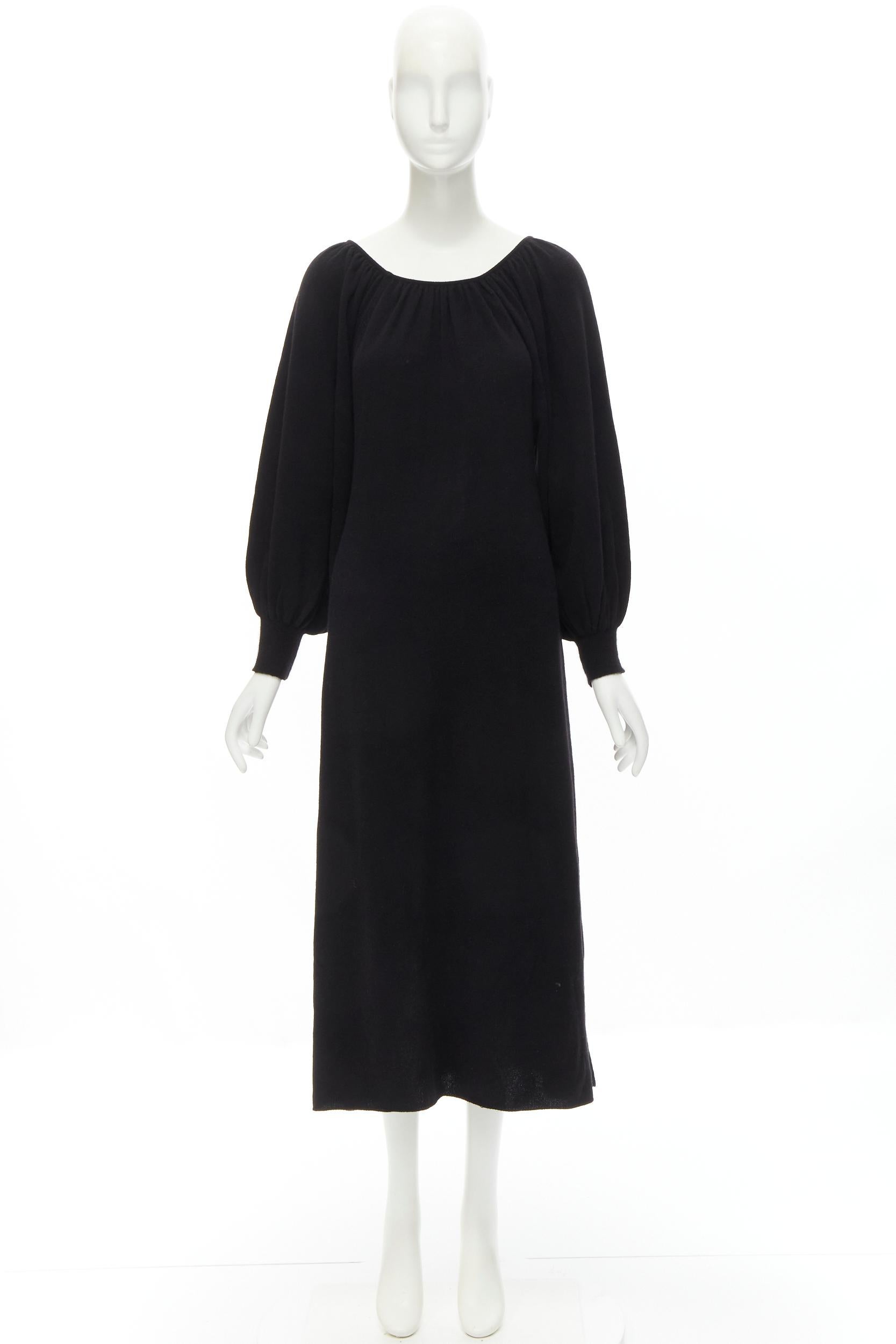 RYAN ROCHE 100% cashmere black pleated collar bubble sleeve midi dress S For Sale 3