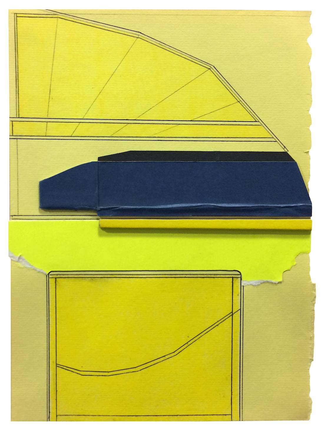 Ryan Sarah Murphy Abstract Sculpture - “All-Division 5”, yellow and black collaged architectural wall relief