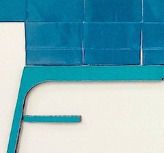 “Amidst”, turquoise and black collaged architectural wall relief
