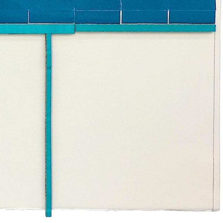 “Amidst”, turquoise and black collaged architectural wall relief, is generated by the found ephemera of her daily experience. Her creative practice is intuitive and process-driven. Responding to the inherent energy within discarded, repurposed and