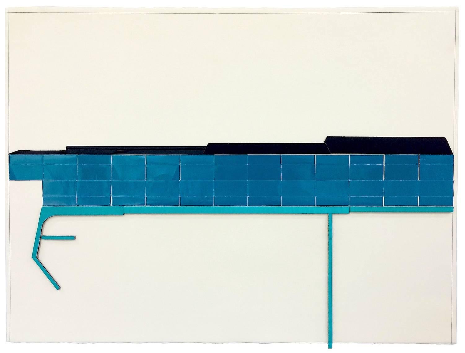 “Amidst”, turquoise and black collaged architectural wall relief - Mixed Media Art by Ryan Sarah Murphy