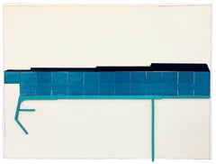 “Amidst”, turquoise and black collaged architectural wall relief