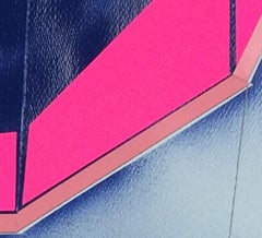 “In Retreat”, pink, black, and blue collaged architectural wall relief