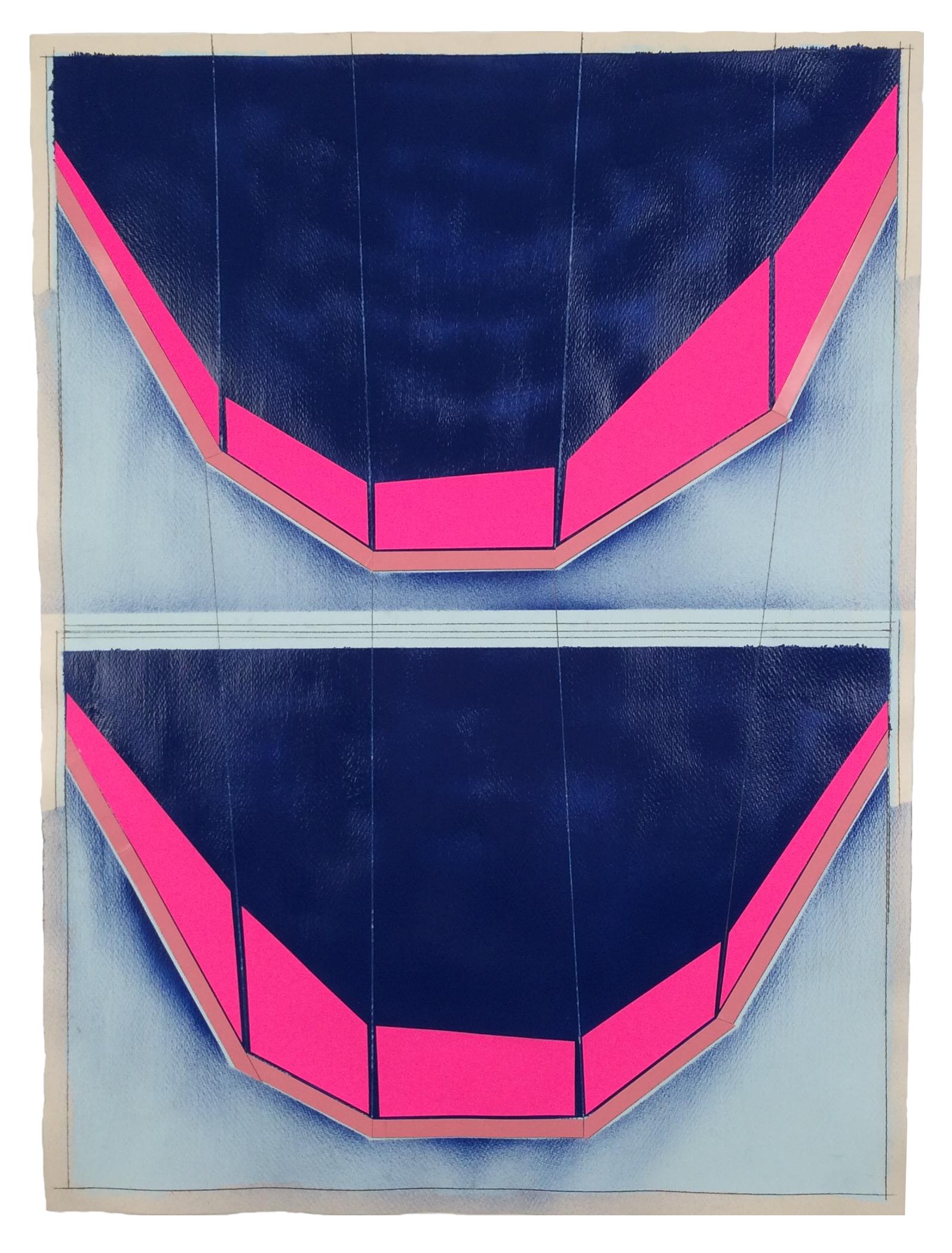  “In Retreat”, pink, black, and blue collaged architectural wall relief  - Mixed Media Art by Ryan Sarah Murphy