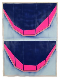 “In Retreat”, pink, black, and blue collaged architectural wall relief