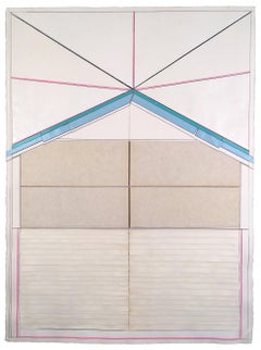 “Once in a Certain Way”, tan, white, and blue collaged architectural wall relief