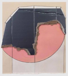 “Pith 2”, pink, cream and black collaged architectural wall relief