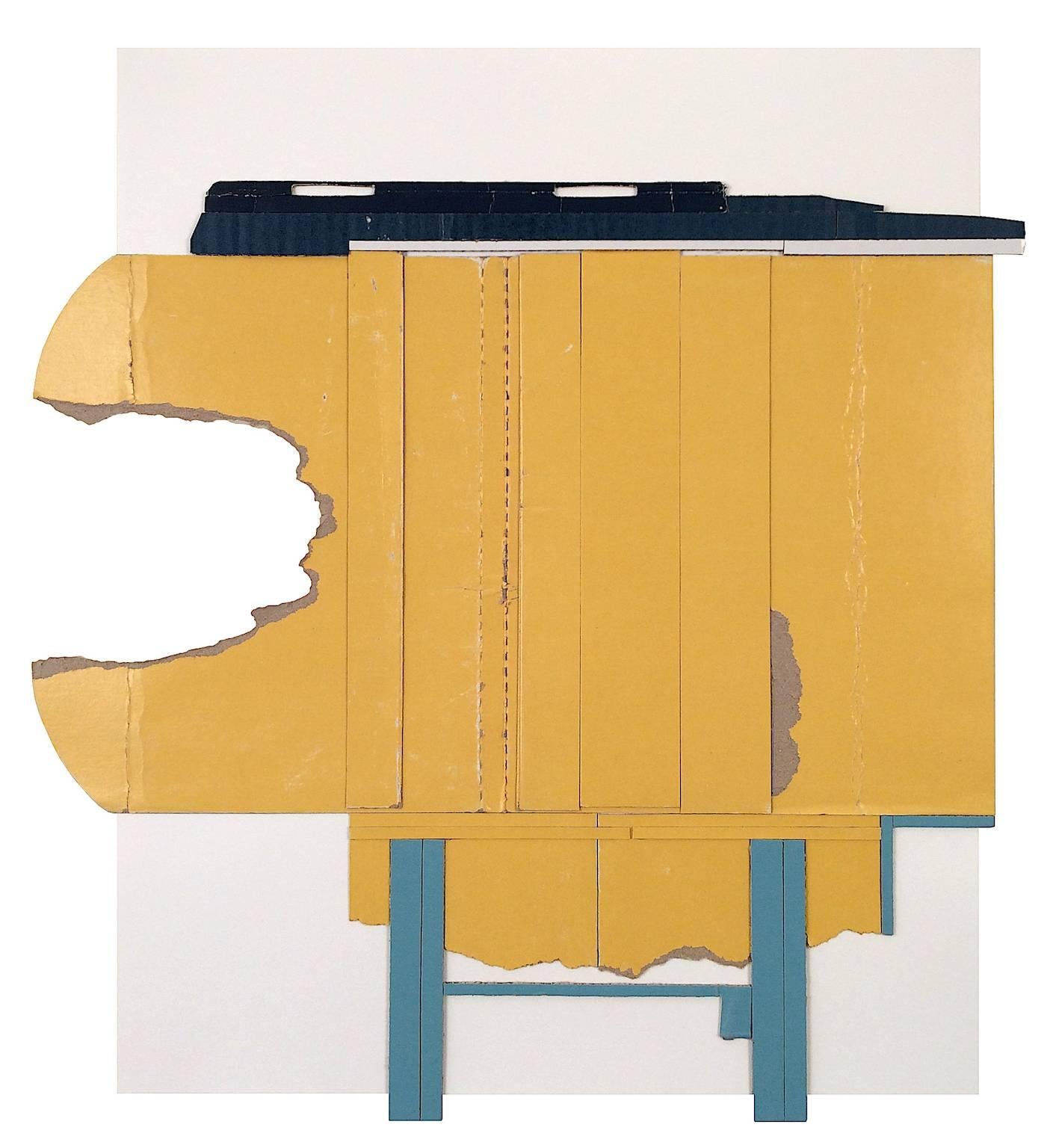Ryan Sarah Murphy Abstract Sculpture - “Remotion 2”, yellow, turquoise and black collaged architectural wall relief