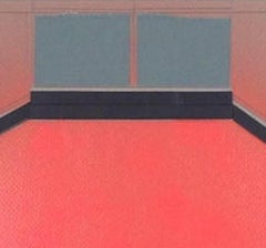“Talk in the Houses”, coral, green, and black collaged architectural wall relief