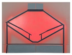 “Talk in the Houses”, coral, green, and black collaged architectural wall relief