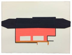 “Throughout”, coral and black collaged architectural wall relief