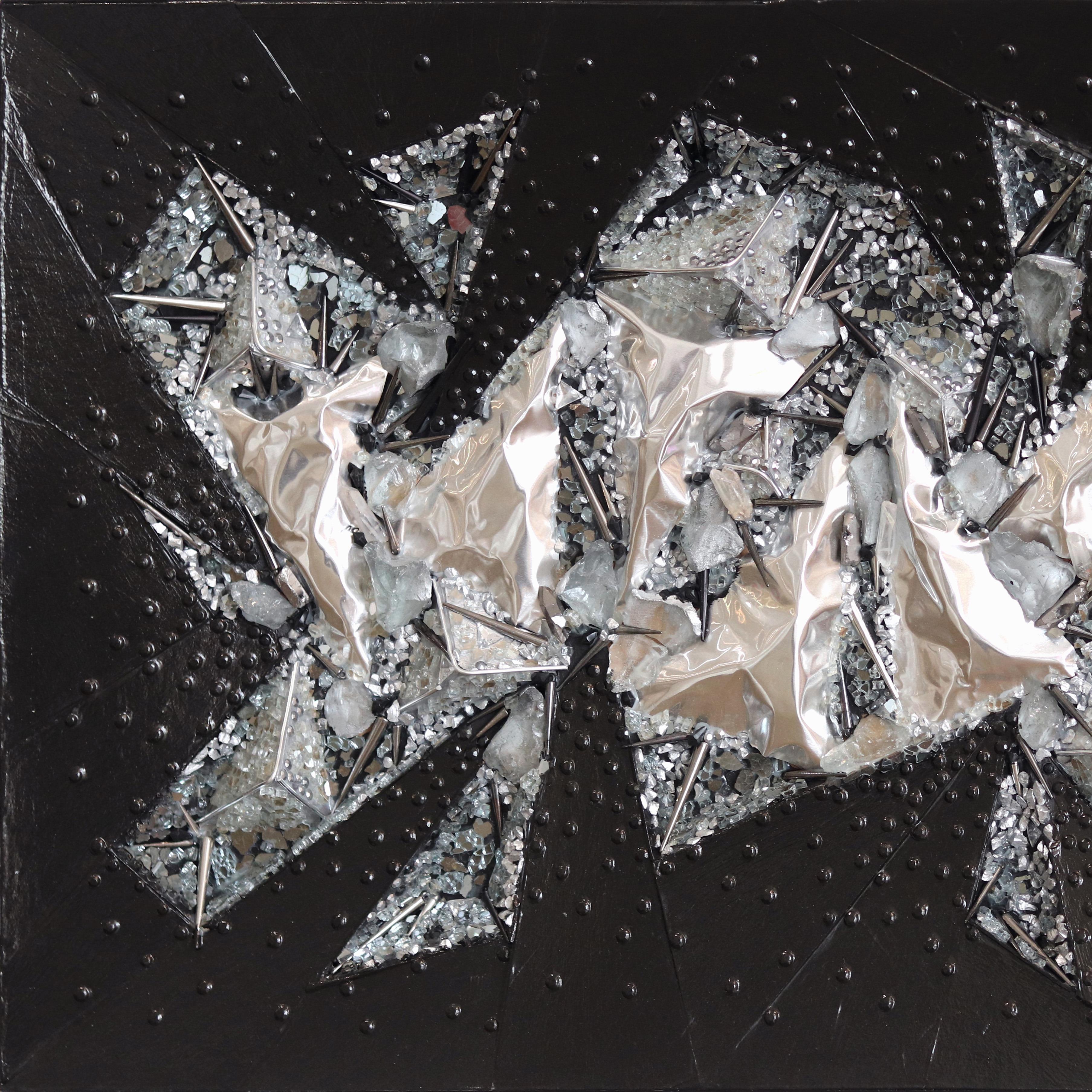 On the Rocks - Luxueuse œuvre d'art métallique tactile sculpturale noire et argentée - Marron Abstract Painting par Ryan Shane Owen