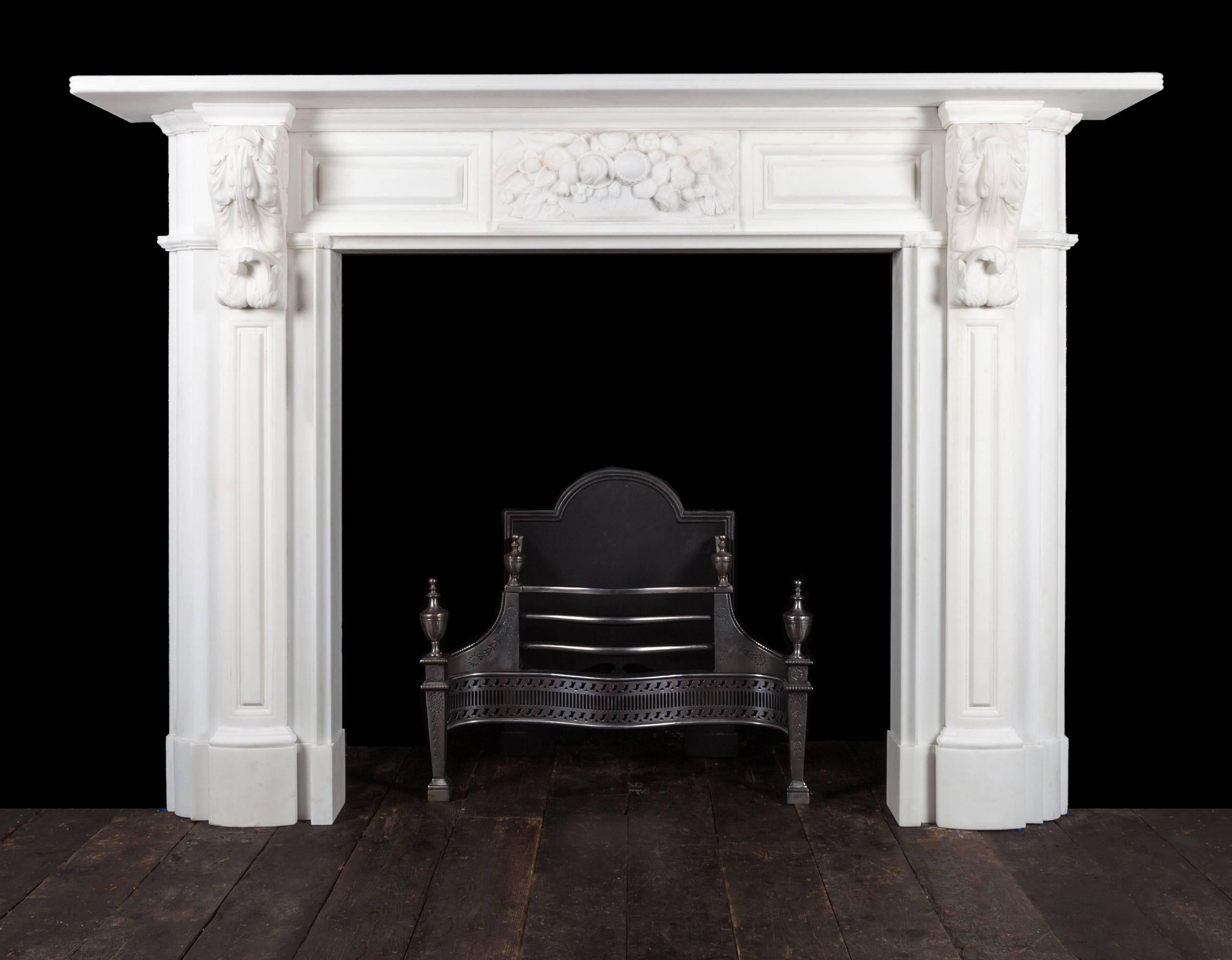 Statuary Marble Ryan & Smith Carved Irish Corbel Fireplace For Sale