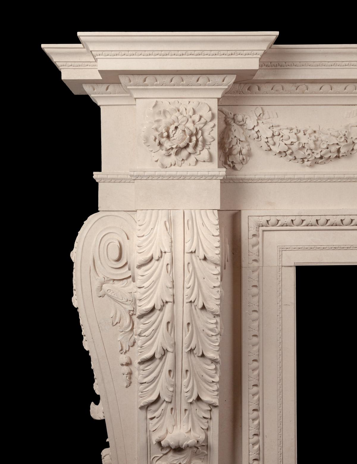 A magnificent hand carved Portland stone fireplace in the manner of renowned 18th century architect ‘William Chambers’
This generous sized fireplace with strong and bold Palladian design, was meticulously hand carved over a period of many months by