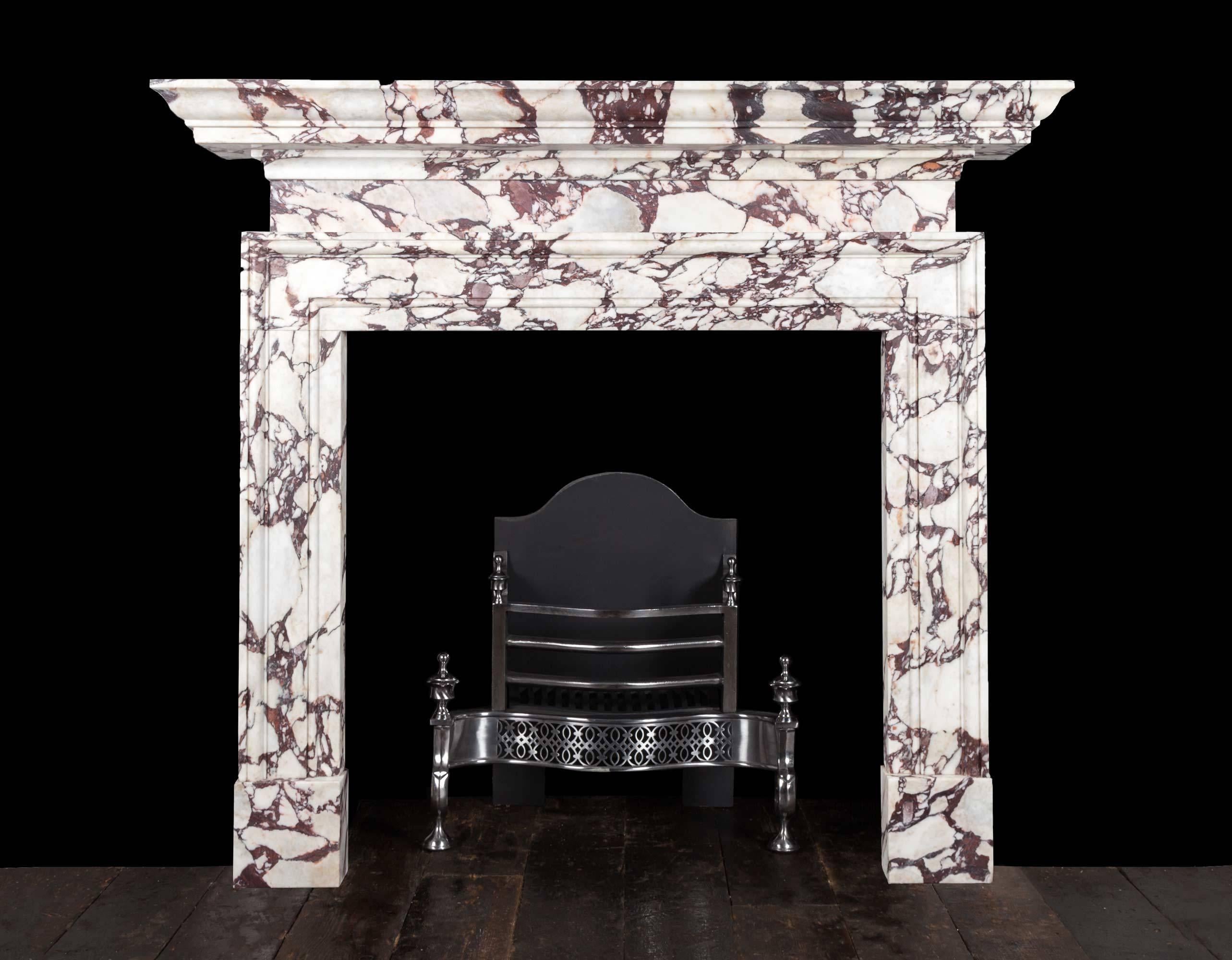 Carved Ryan & Smith Portavo Breccia Viola Marble Fireplace