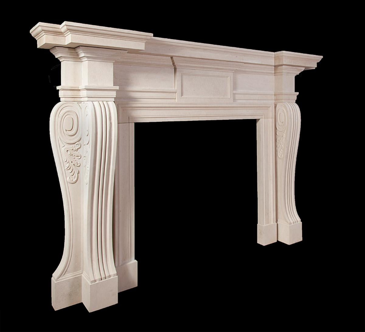 Hand-Carved Ryan & Smith Russborough, Large Palladian Portland Stone Fireplace For Sale