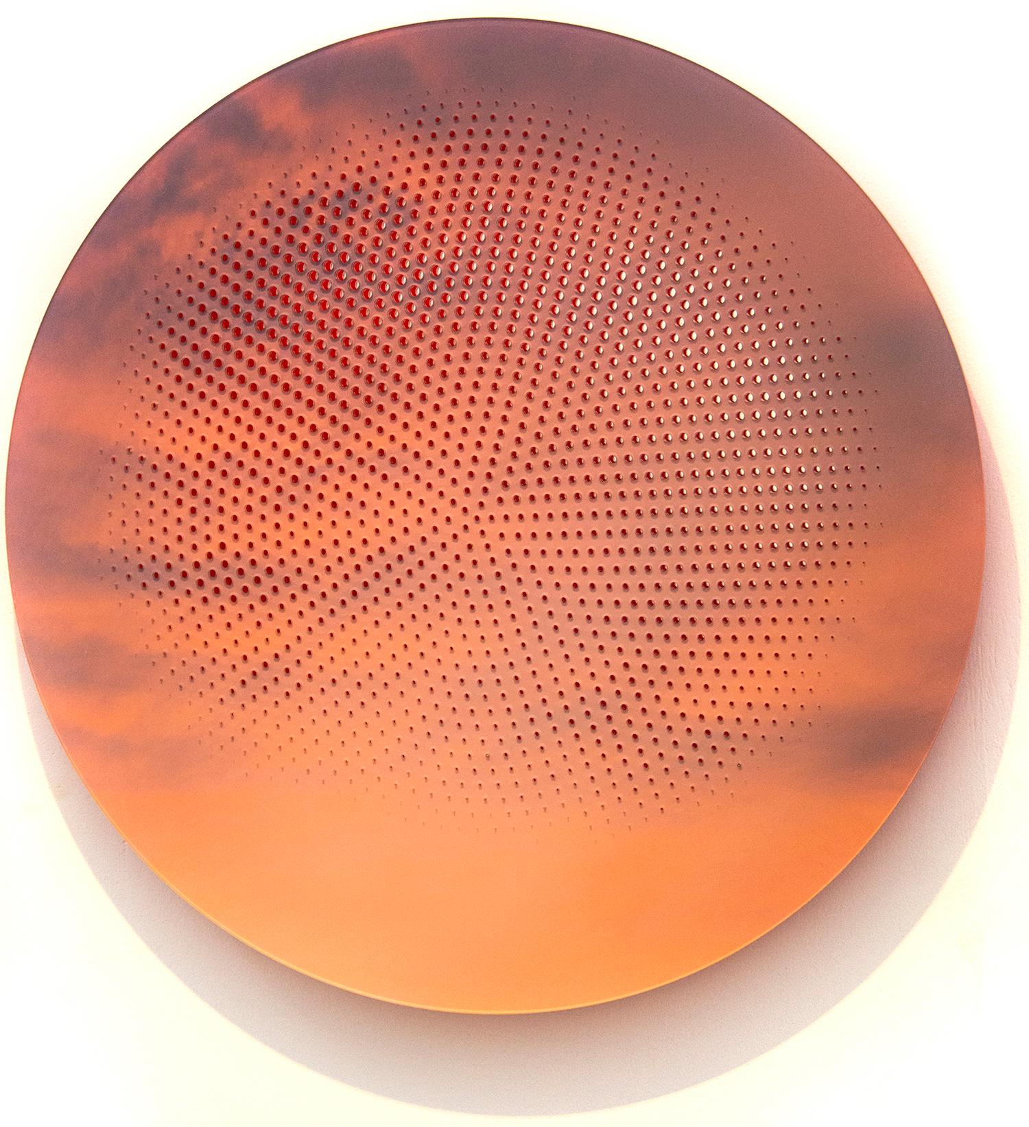 To Rise Again 2/2 - arancione tramonto, tondo, disegno tagliato al laser, rilievo a parete con specchio in vendita 8