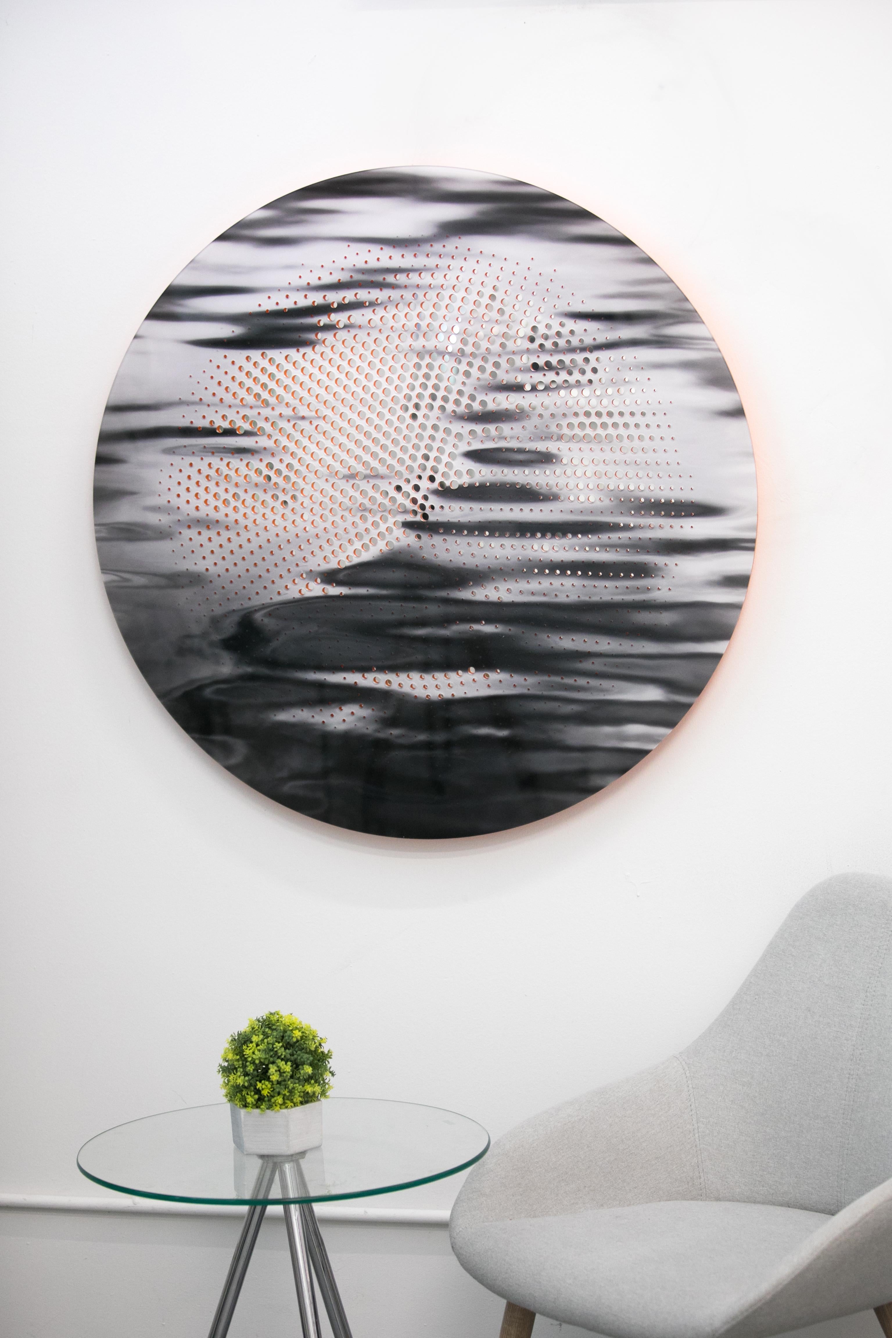 Ripple 1/10 - reflective tondo, black, white orange, photography, wall relief - Photograph by Ryan Van Der Hout