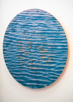 Sunset 2/2 - vibrant, orange, bleu, tondo, design découpé au laser, relief mural du miroir