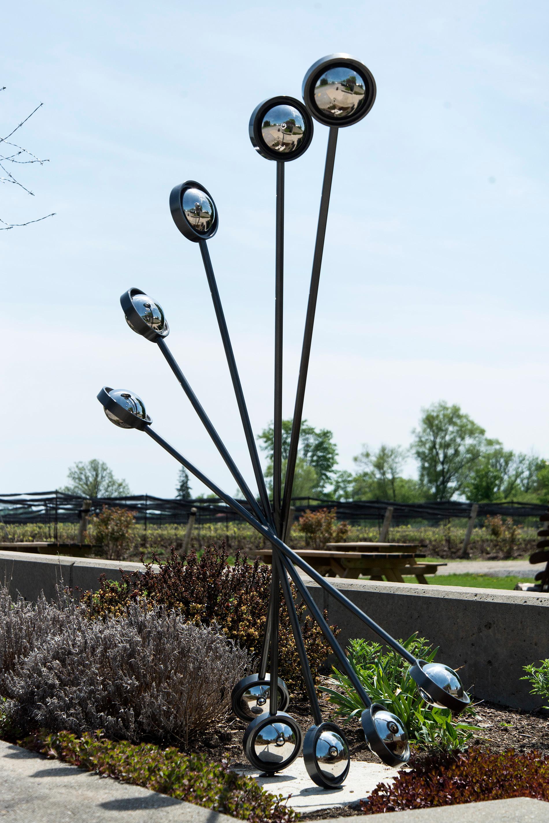 Action - tall, dynamic, reflective, geometric, abstract, steel outdoor sculpture - Abstract Sculpture by Ryan Van Der Hout