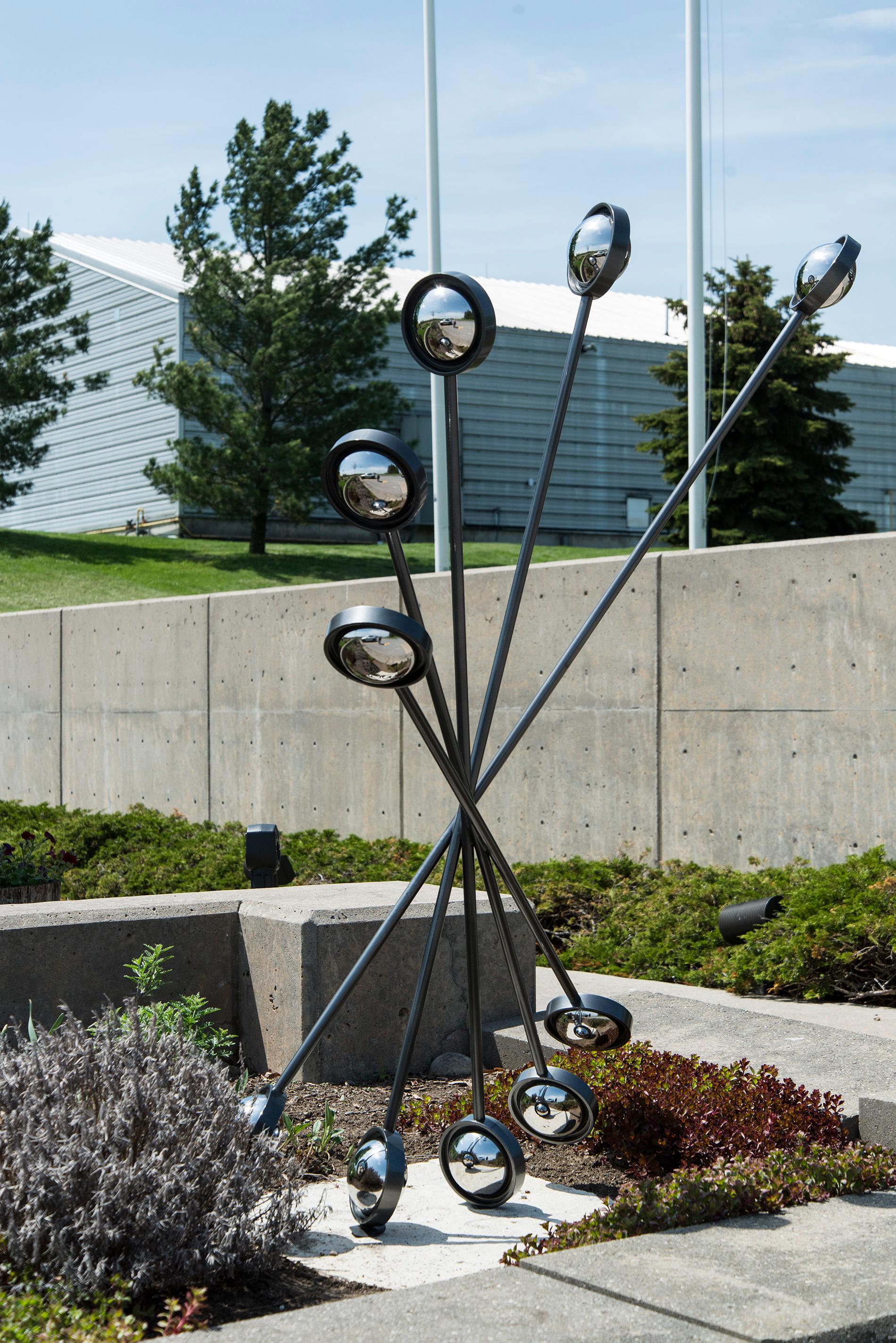 Action - tall, dynamic, reflective, geometric, abstract, steel outdoor sculpture - Gray Abstract Sculpture by Ryan Van Der Hout