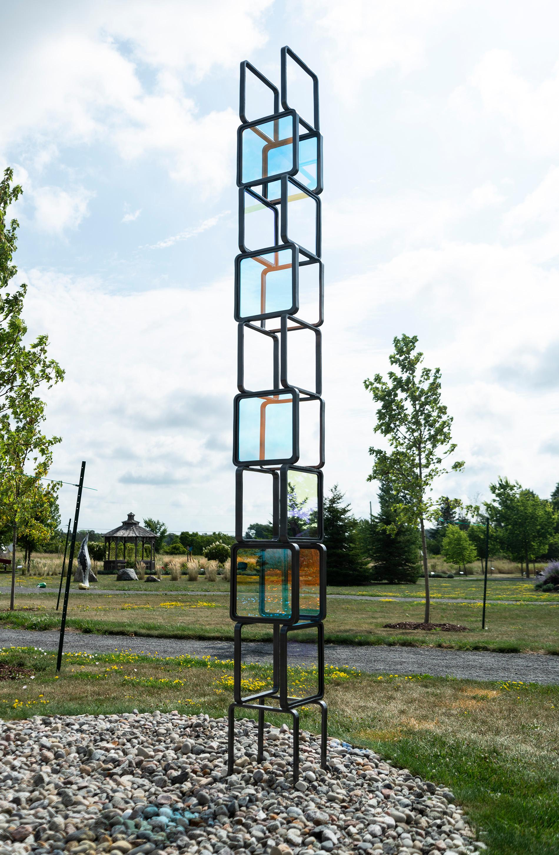 Chroma Tower No 1 - tall, geometric abstract, steel and glass sculpture - Beige Abstract Sculpture by Ryan Van Der Hout