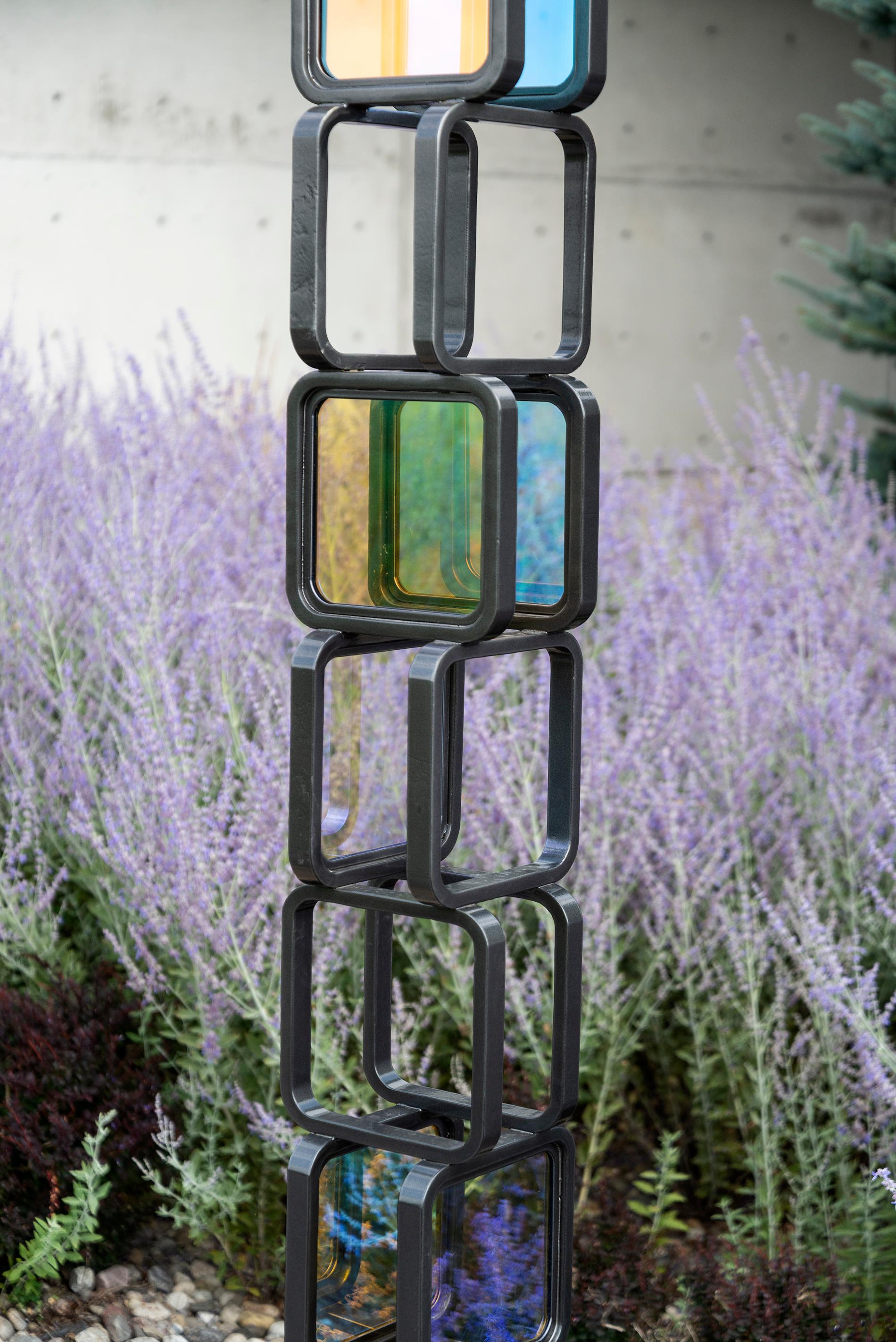 Chroma Tower No 2 - tall, geometric abstract, steel and glass sculpture For Sale 7