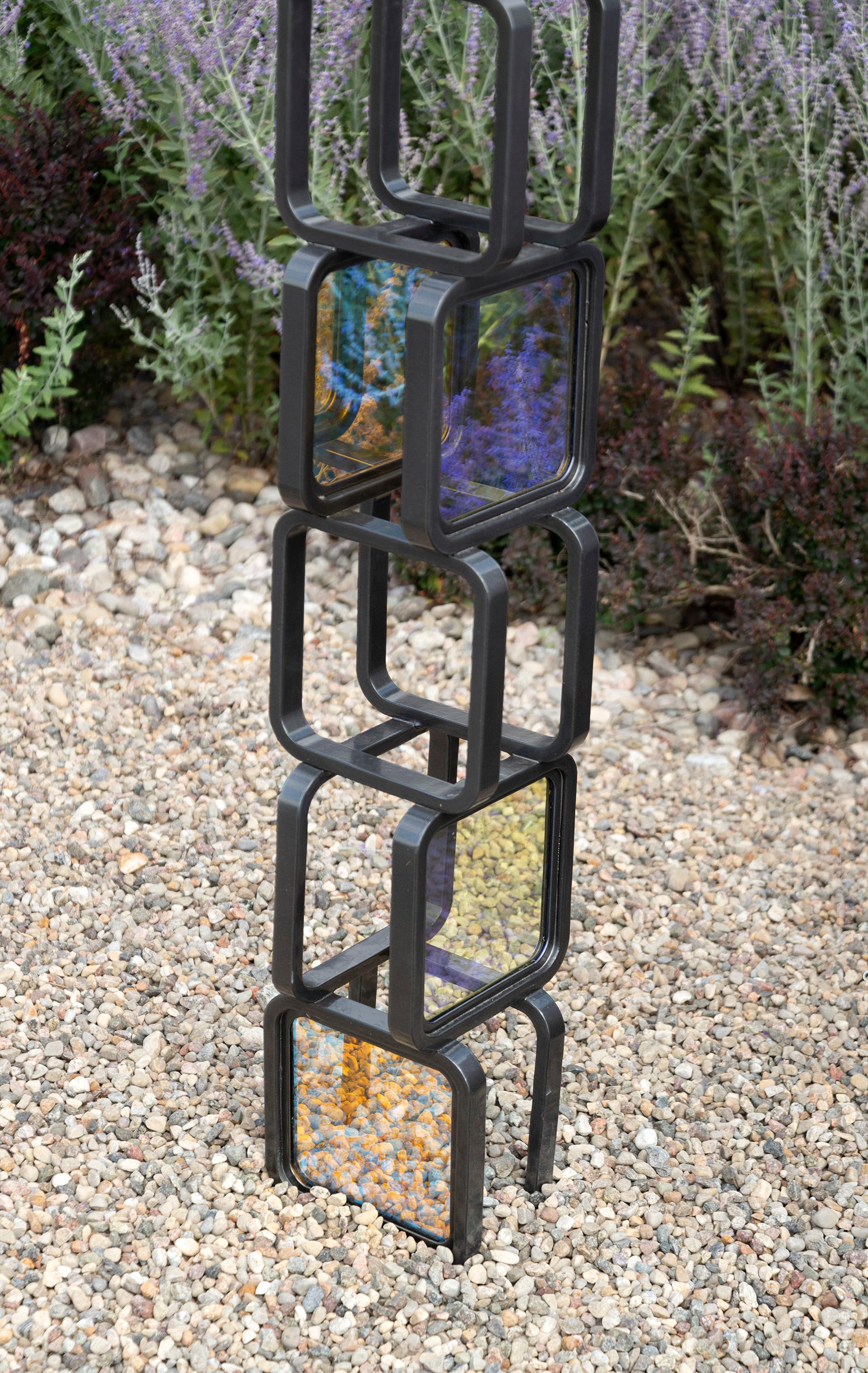 Chroma Tower No 2 - tall, geometric abstract, steel and glass sculpture For Sale 8