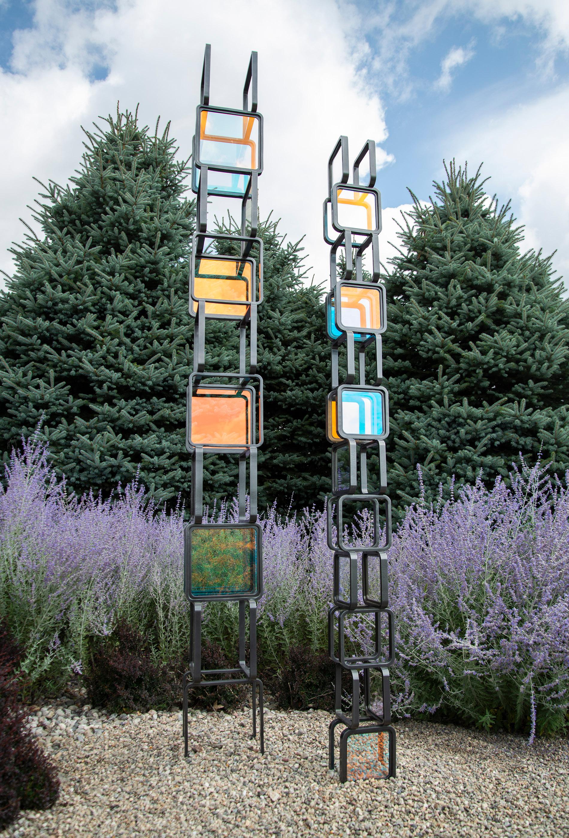Chroma Tower No 2 - tall, geometric abstract, steel and glass sculpture For Sale 10