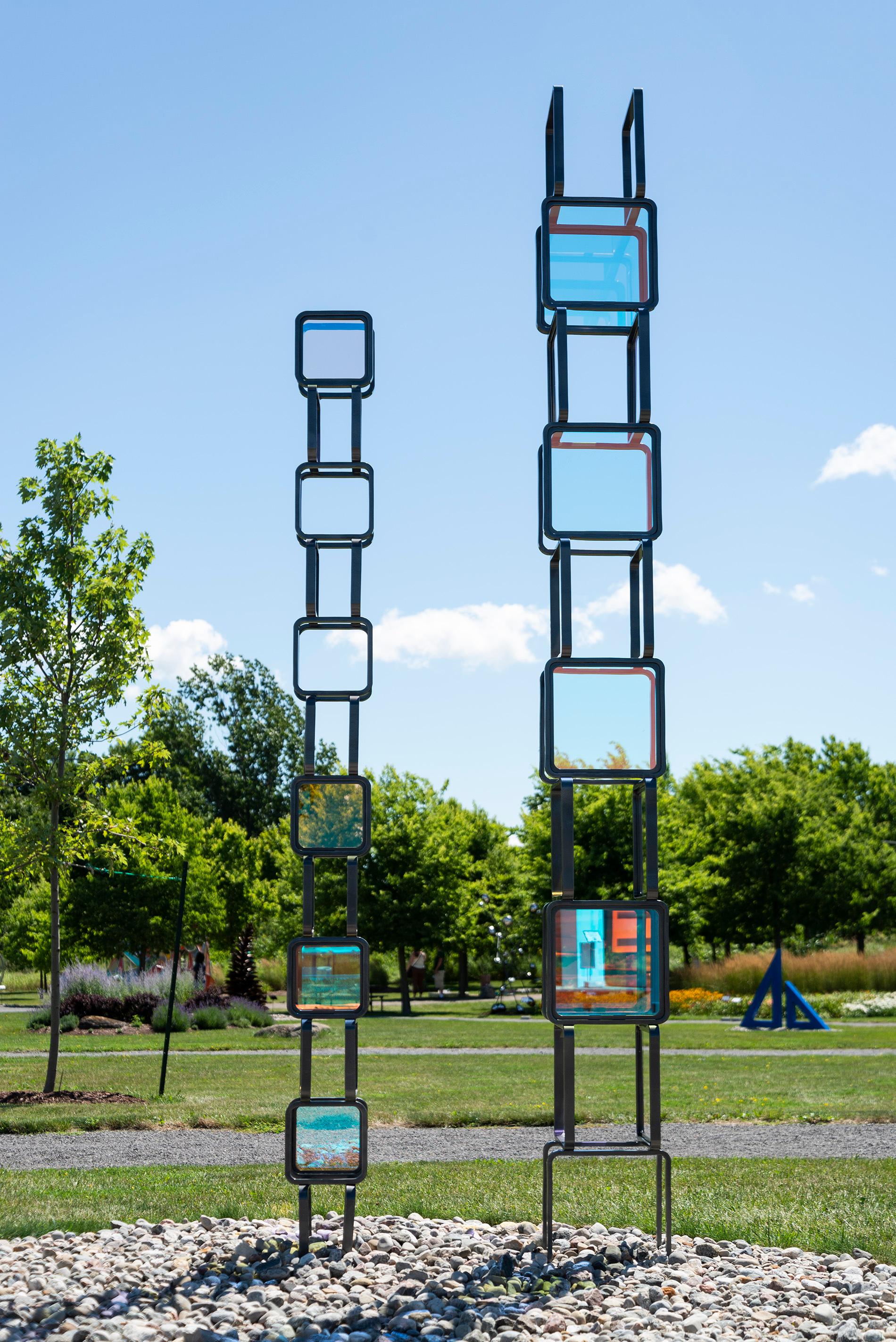 Chroma Tower No 2 - tall, geometric abstract, steel and glass sculpture For Sale 11
