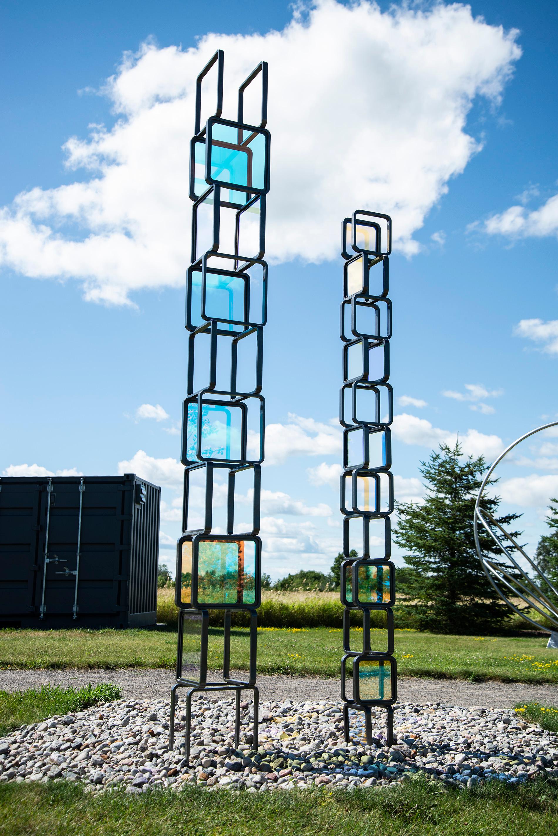 Chroma Tower No 2 - tall, geometric abstract, steel and glass sculpture For Sale 12
