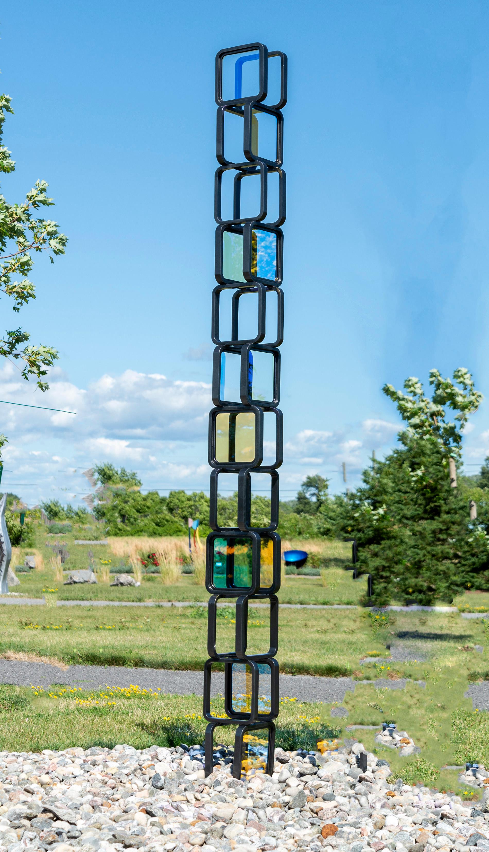 Chroma Tower No 2 - tall, geometric abstract, steel and glass sculpture - Abstract Geometric Sculpture by Ryan Van Der Hout