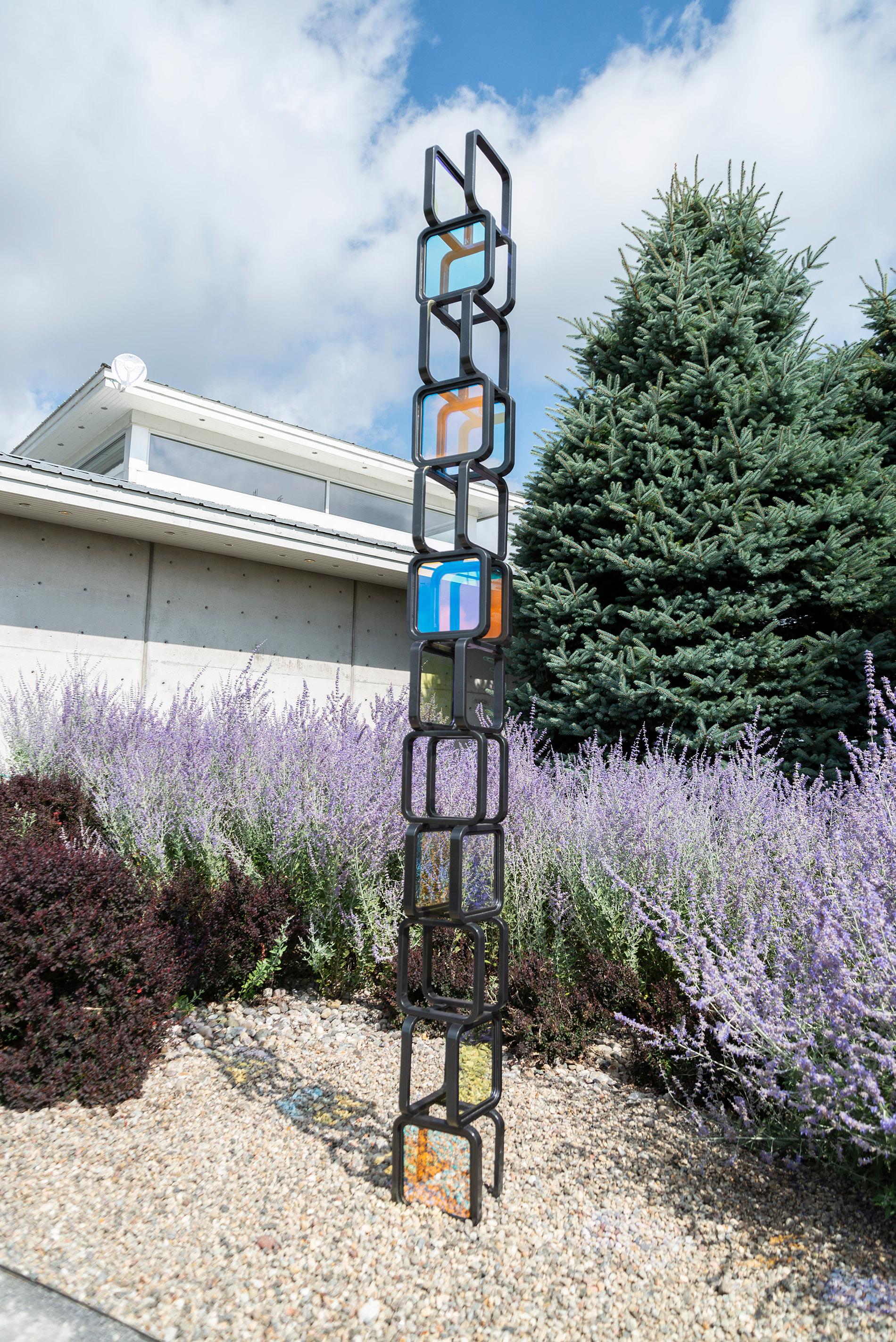 Chroma Tower No 2 - tall, geometric abstract, steel and glass sculpture For Sale 2